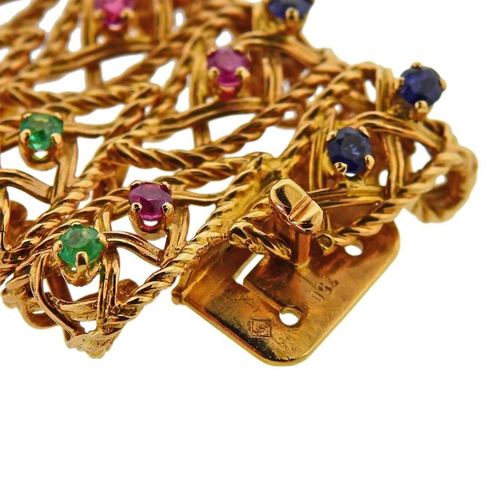 1960s Gold Ruby Sapphire Emerald Wide Bracelet For Sale 2