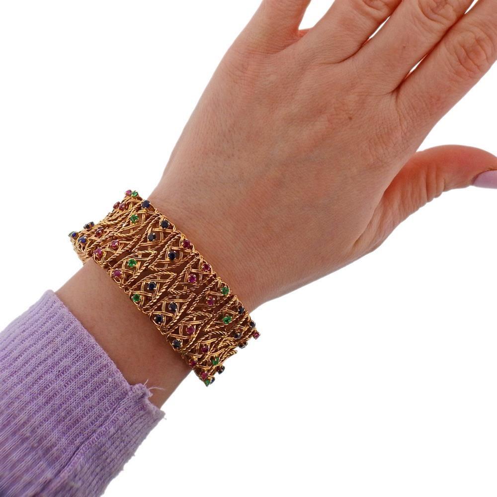 1960s Gold Ruby Sapphire Emerald Wide Bracelet For Sale 3