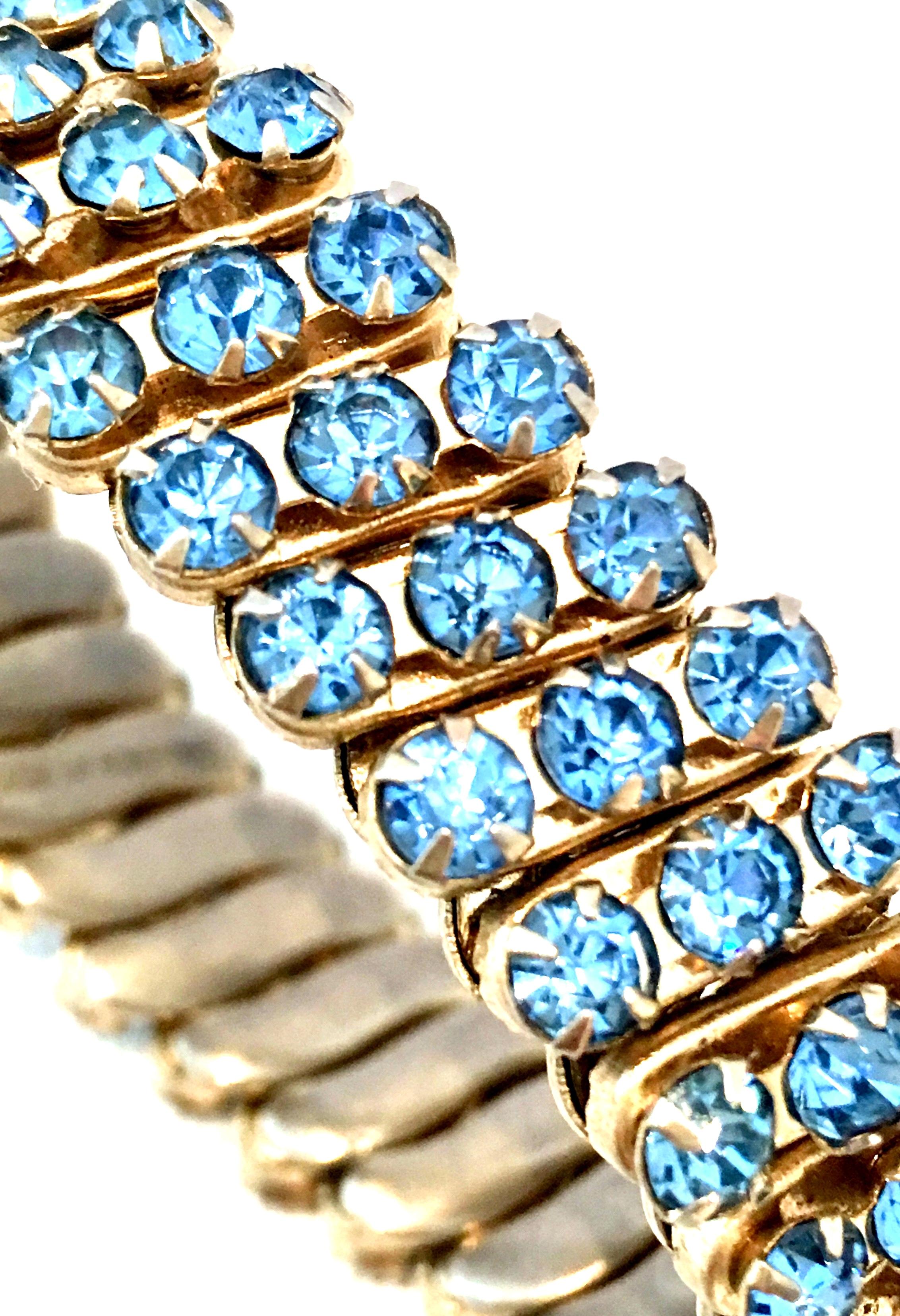 1960'S Gold & Sapphire Blue Crystal Rhinestone Expansion Link Bracelet-Hong Kong In Good Condition In West Palm Beach, FL