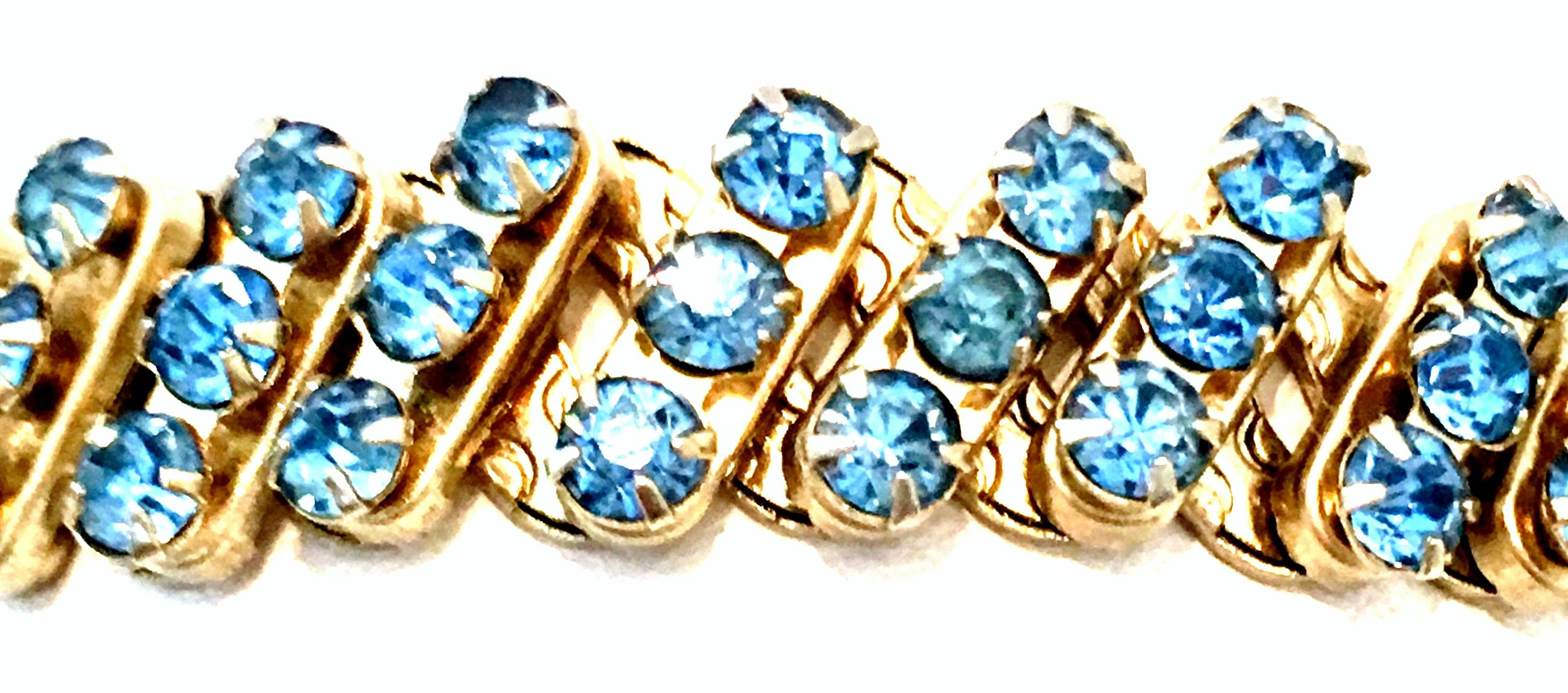1960'S Gold & Sapphire Blue Crystal Rhinestone Expansion Link Bracelet-Hong Kong 1