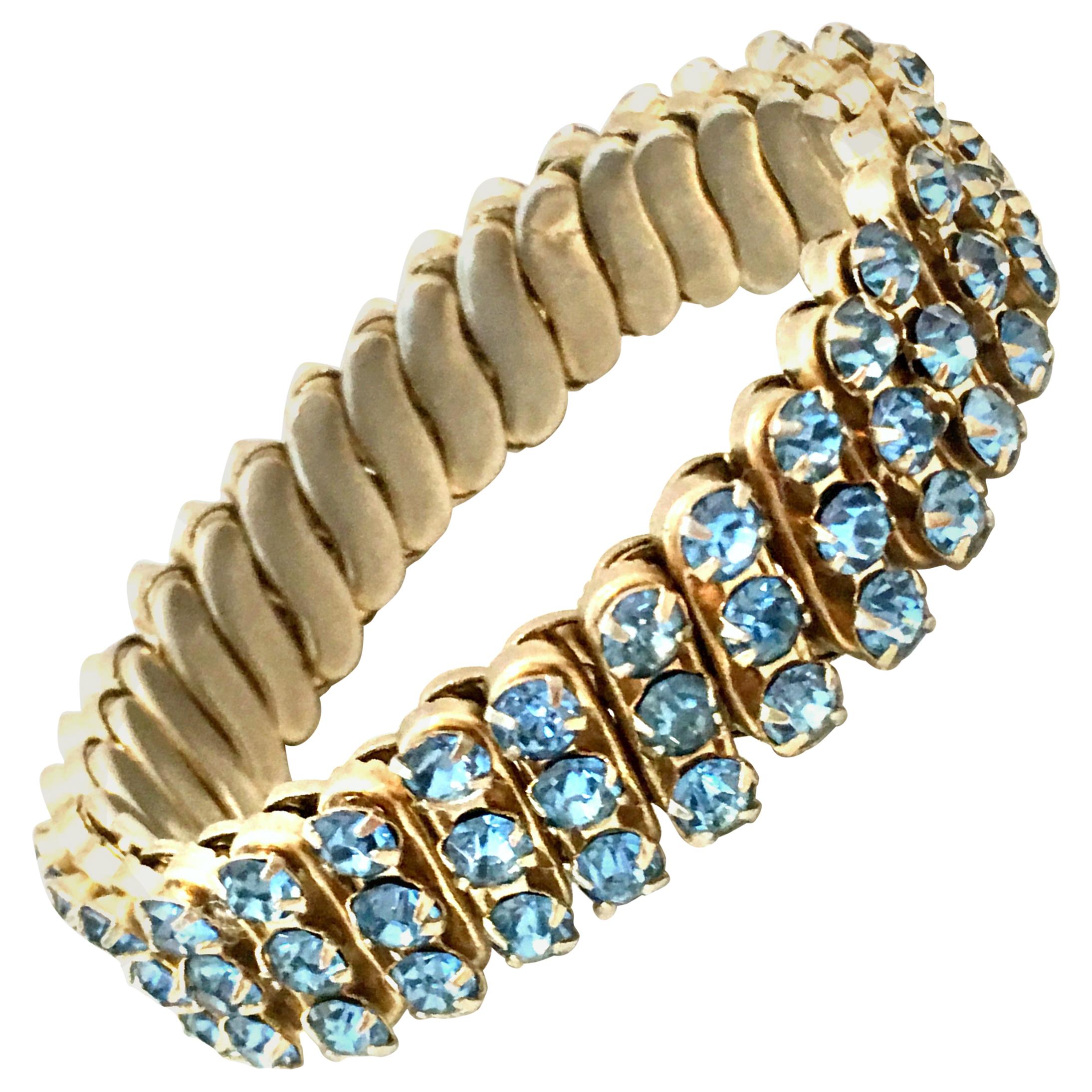 1960'S Gold & Sapphire Blue Crystal Rhinestone Expansion Link Bracelet-Hong Kong