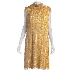 1960'S Gold & Ivory Rayon Silk Fully Beaded Fringe Mod Cocktail Dress