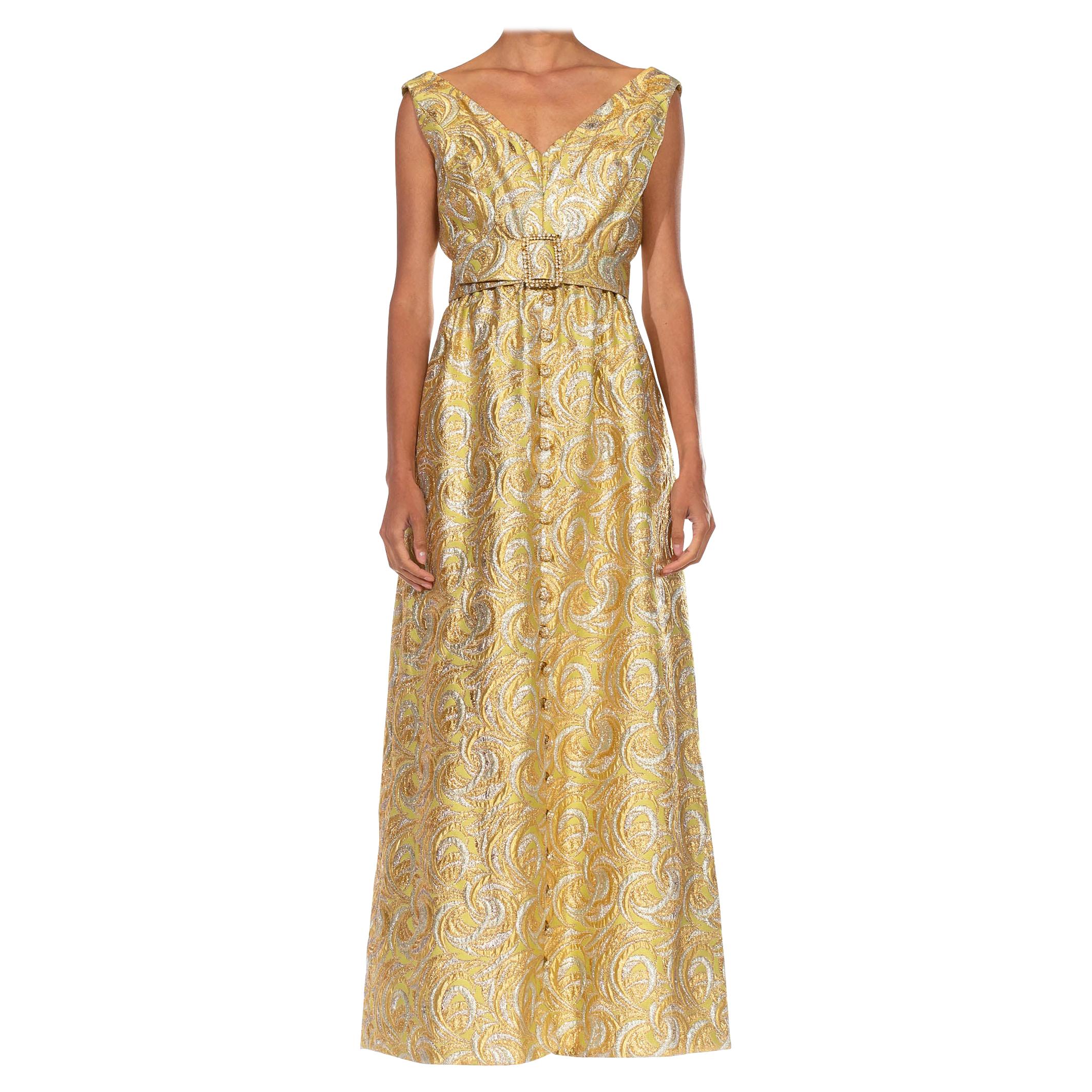 1960S Gold & Silver Lamé Swirl Pattern Gown With Jeweled Buttons And Belt