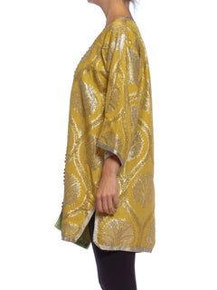 1960S Gold & Silver Metallic Rayon Lurex Damask Kaftan Tunic Jacket With Hand S
