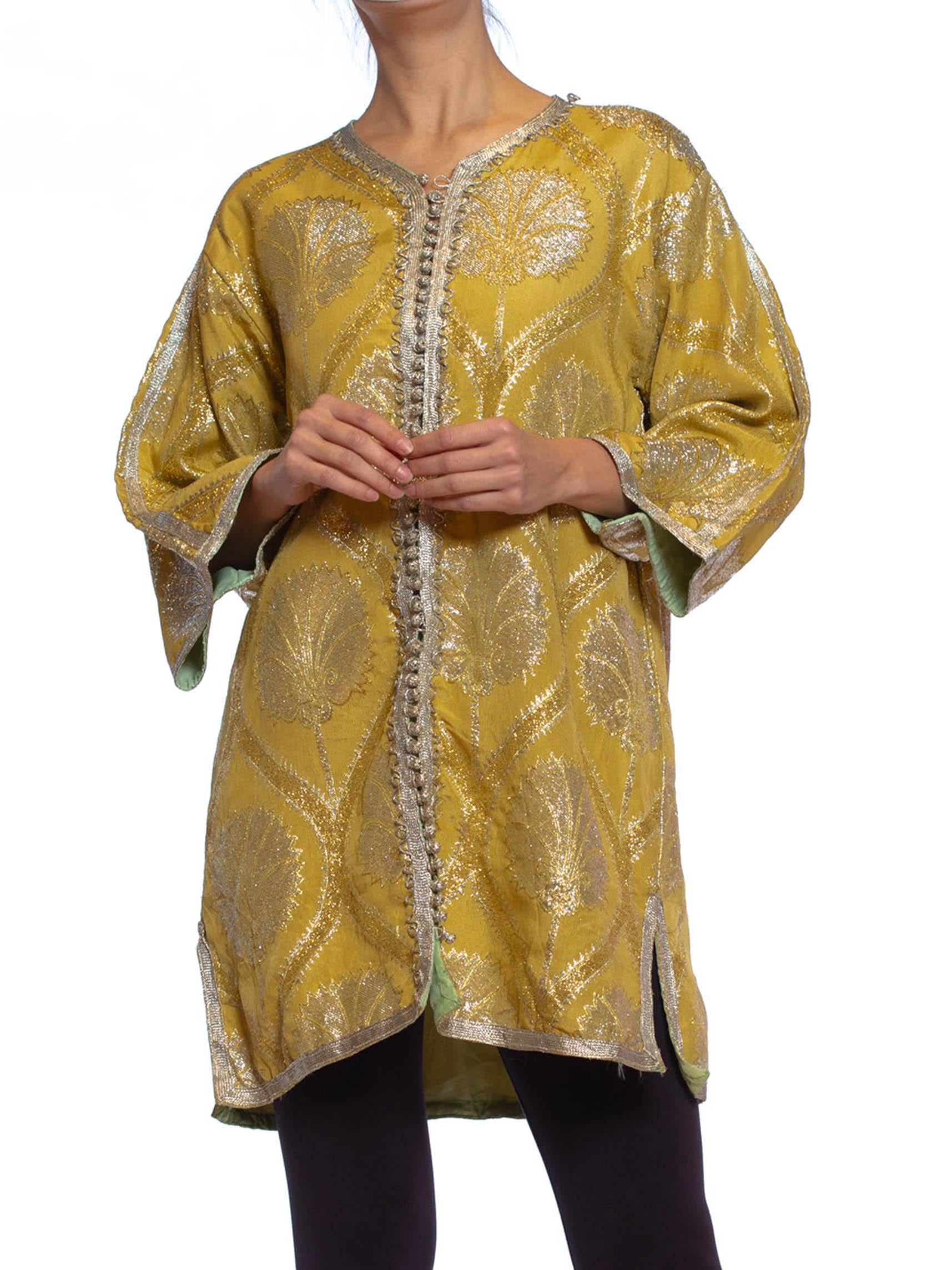 Brown 1960S Gold & Silver Metallic Rayon Lurex Damask Kaftan Tunic Jacket With Hand S For Sale