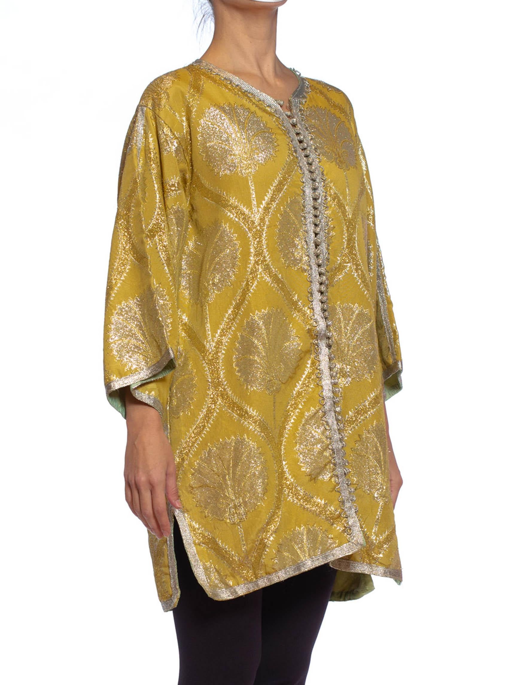 Women's or Men's 1960S Gold & Silver Metallic Rayon Lurex Damask Kaftan Tunic Jacket With Hand S For Sale