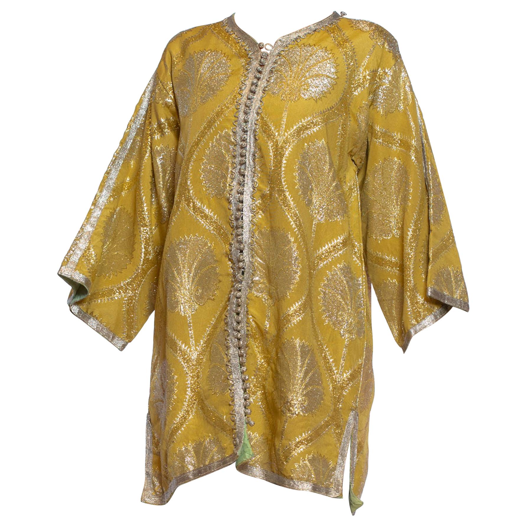 1960S Gold & Silver Metallic Rayon Lurex Damask Kaftan Tunic Jacket With Hand S For Sale
