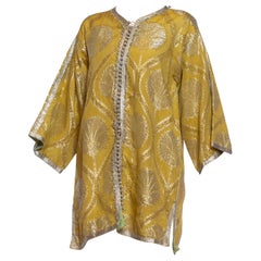 Retro 1960S Gold & Silver Metallic Rayon Lurex Damask Kaftan Tunic Jacket With Hand S