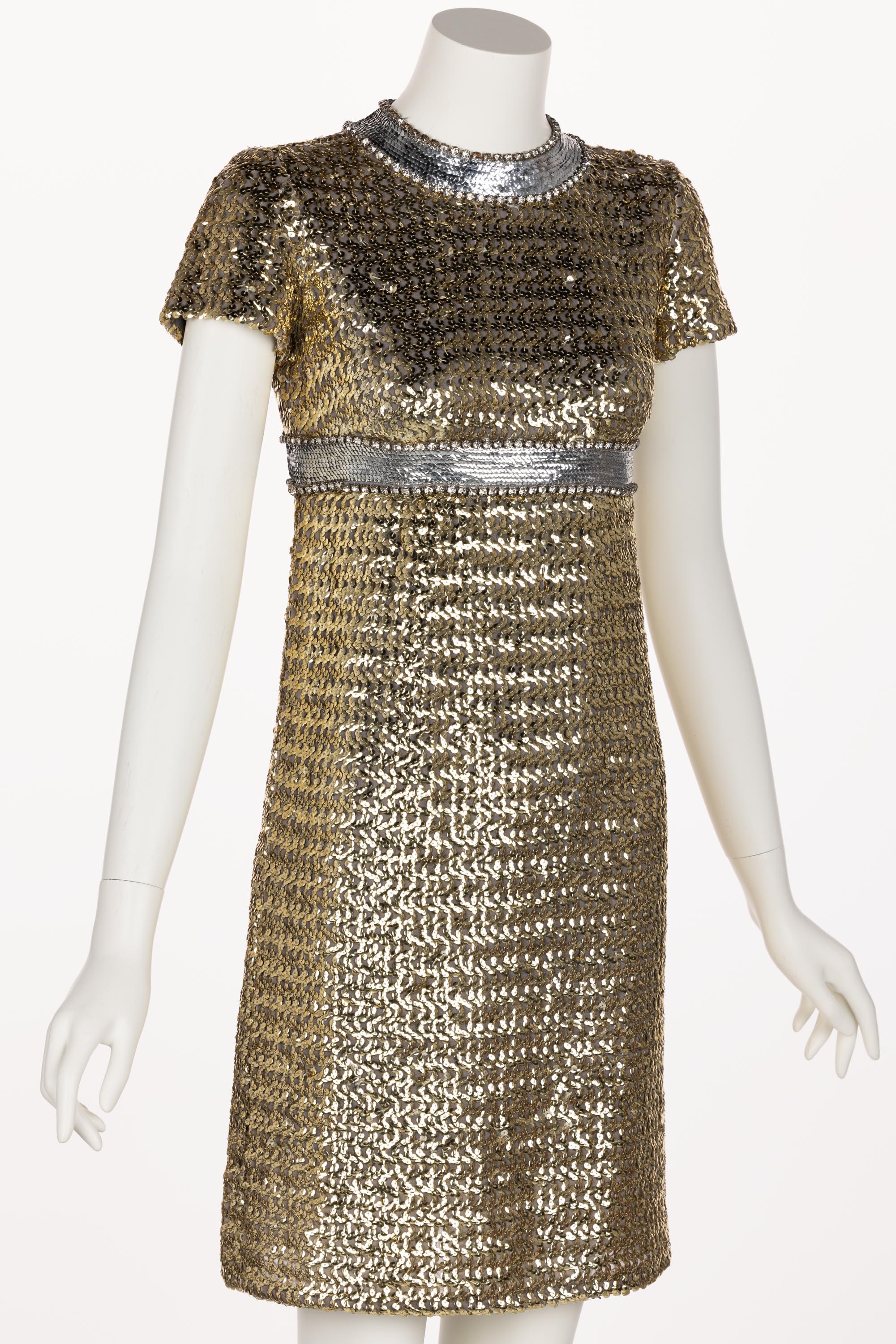 Gray 1960s Gold & Silver Sequin Rhinestone Dress possibly Pierre Cardin For Sale