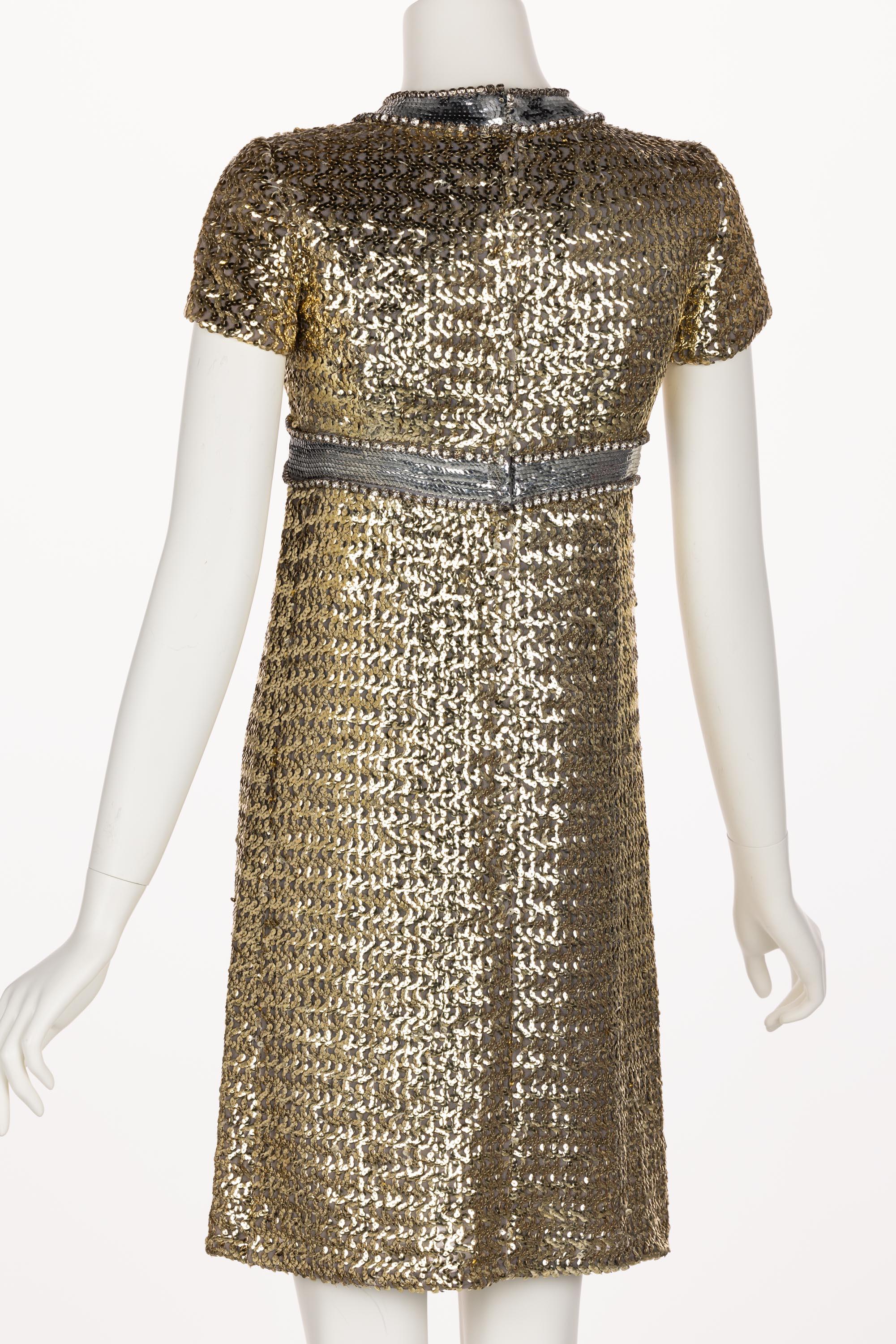 1960s Gold & Silver Sequin Rhinestone Dress possibly Pierre Cardin In Good Condition For Sale In Boca Raton, FL