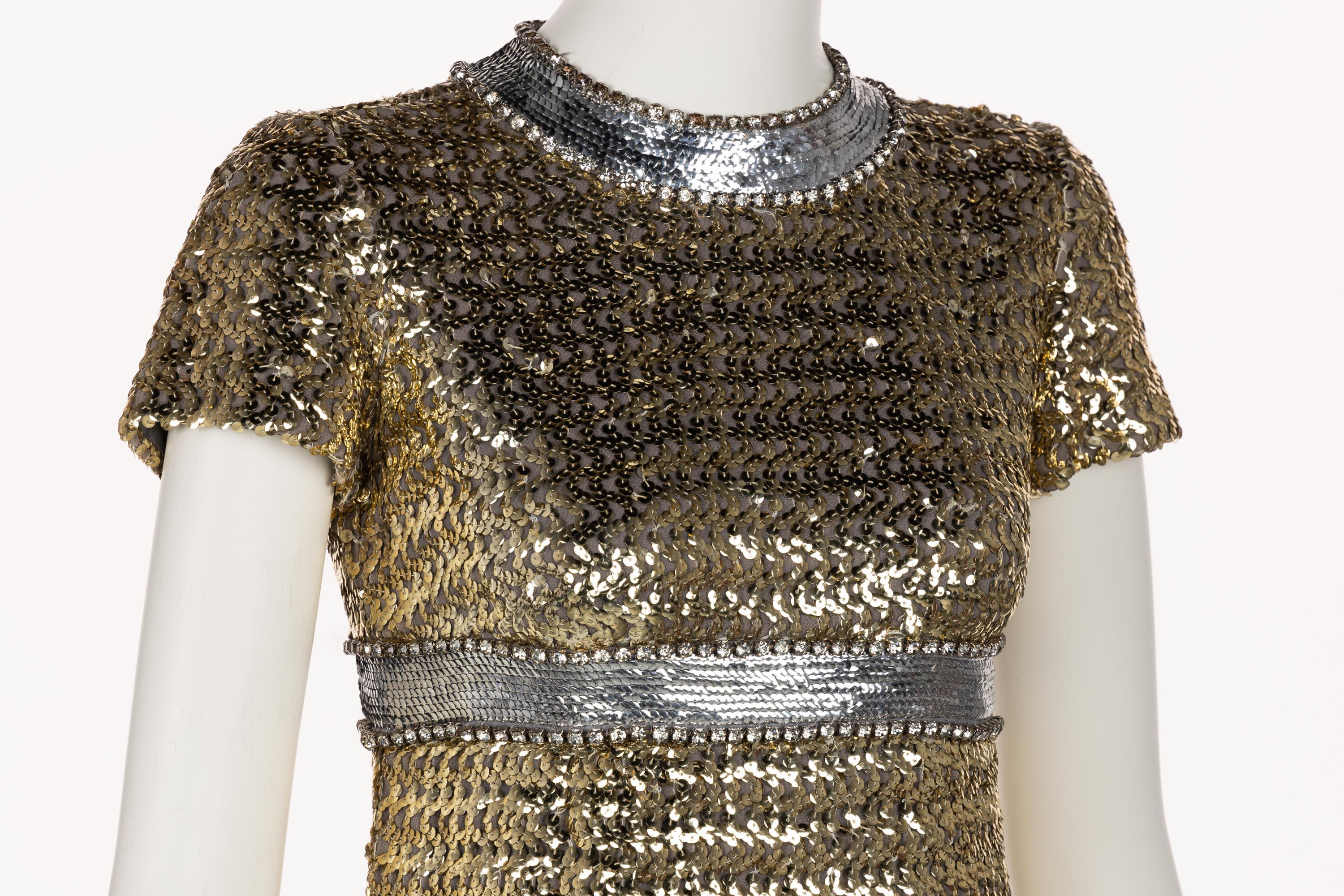 Gray 1960s Gold & Silver Sequin Rhinestone Dress possibly Pierre Cardin For Sale