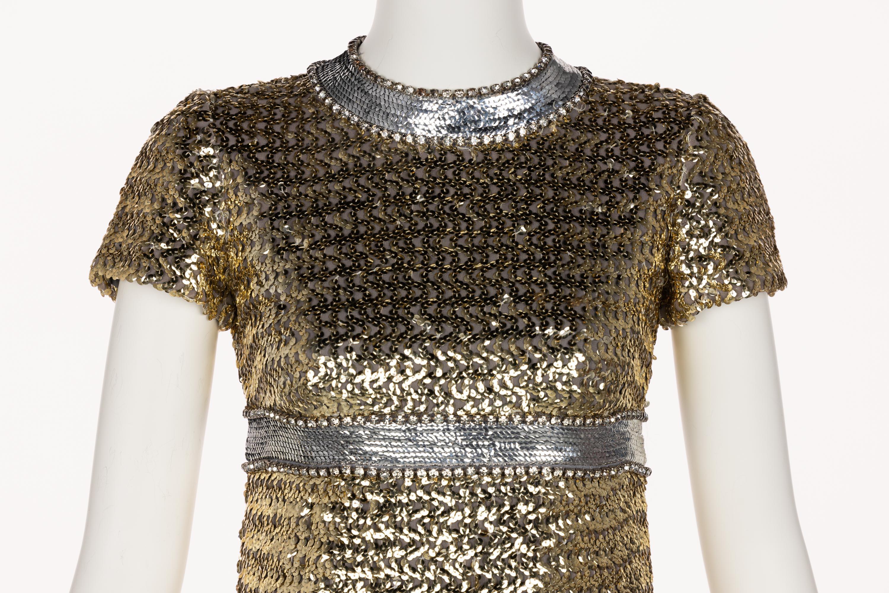 1960s Gold & Silver Sequin Rhinestone Dress possibly Pierre Cardin In Good Condition For Sale In Boca Raton, FL