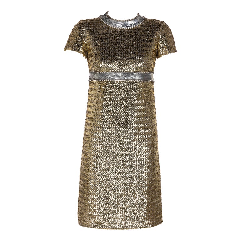 1960s Gold & Silver Sequin Rhinestone Dress Possibly Pierre Cardin
