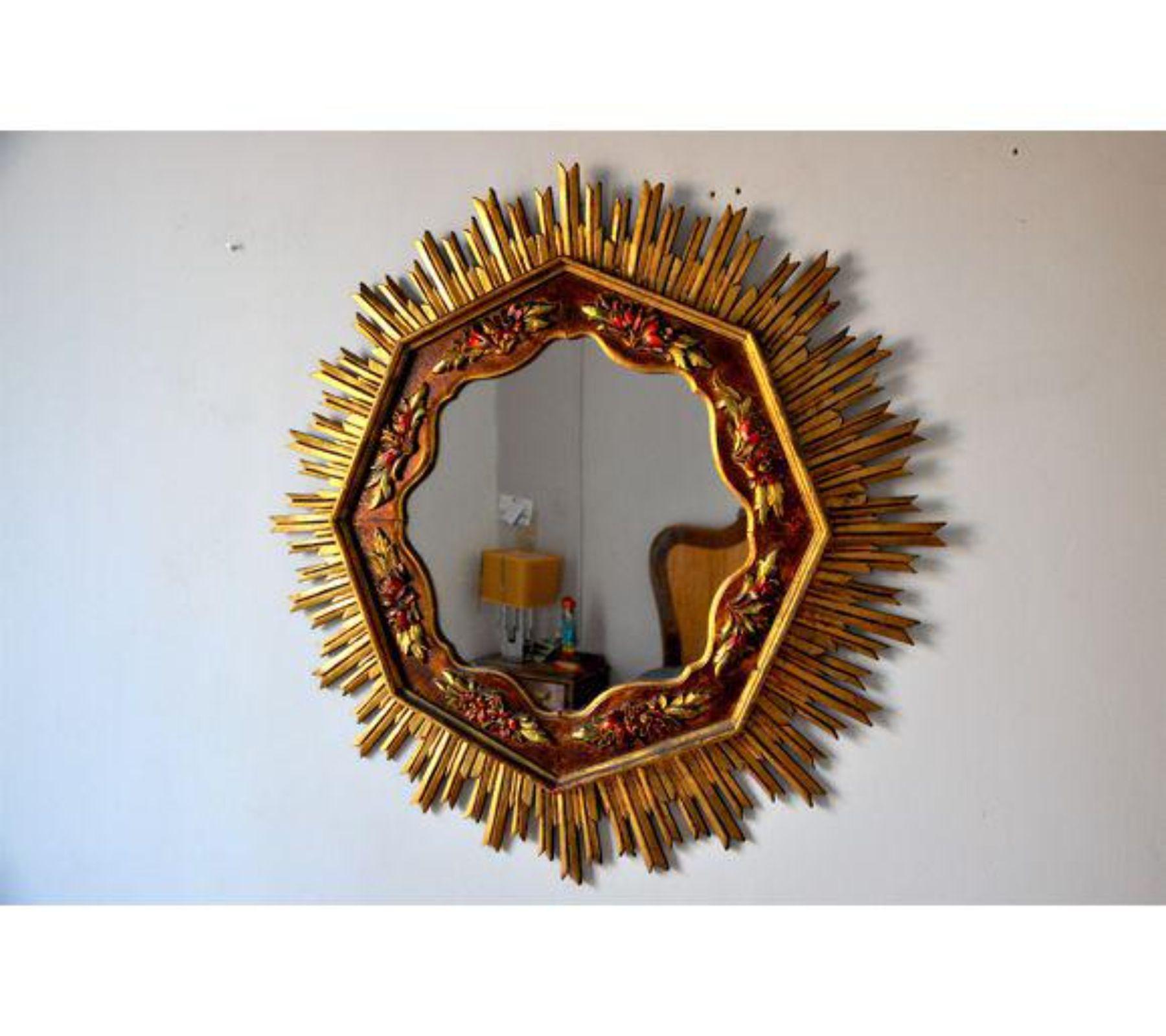 Hollywood Regency 1960s Gold Sunburst Wooden Mirror, France For Sale