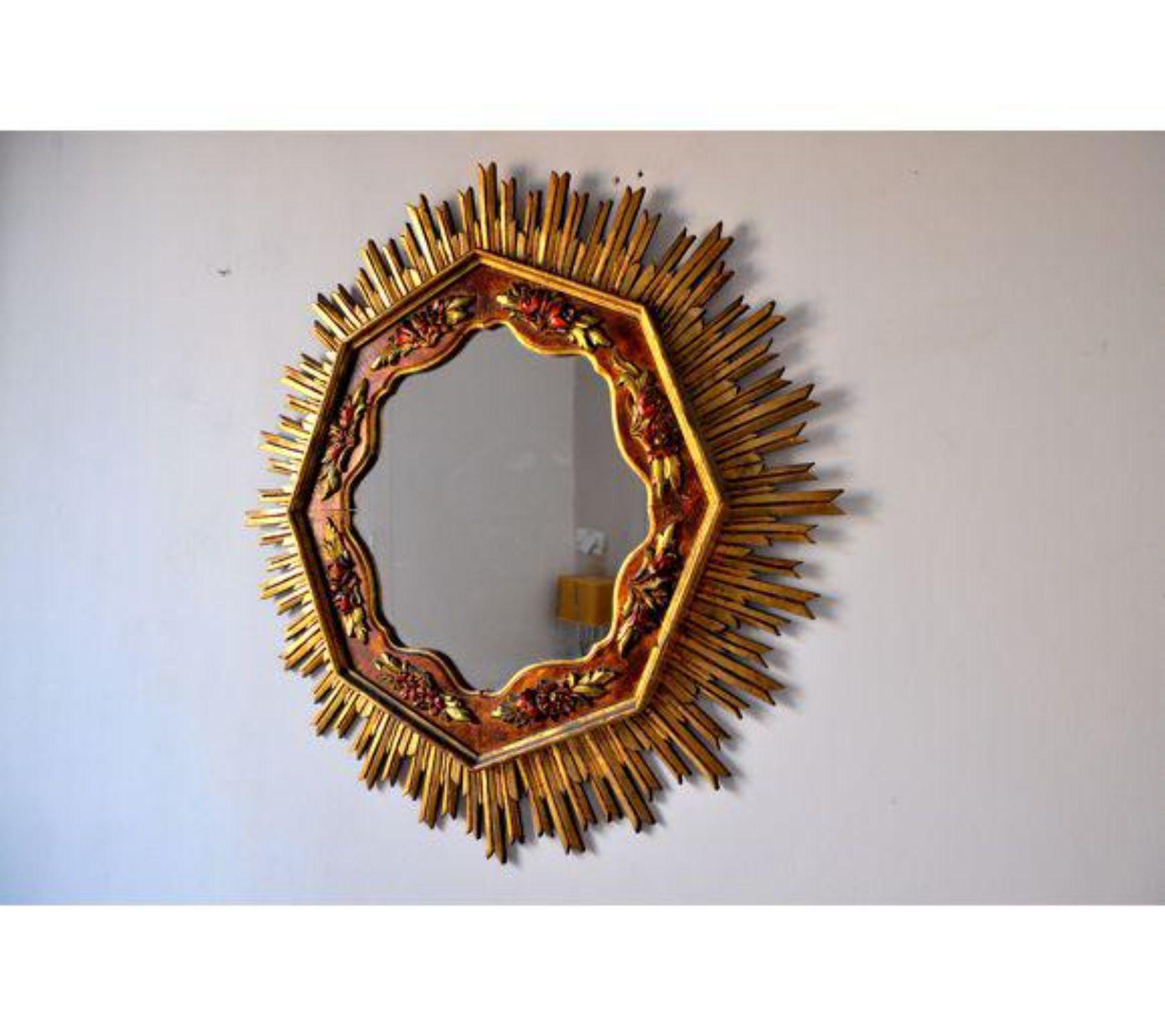 French 1960s Gold Sunburst Wooden Mirror, France For Sale