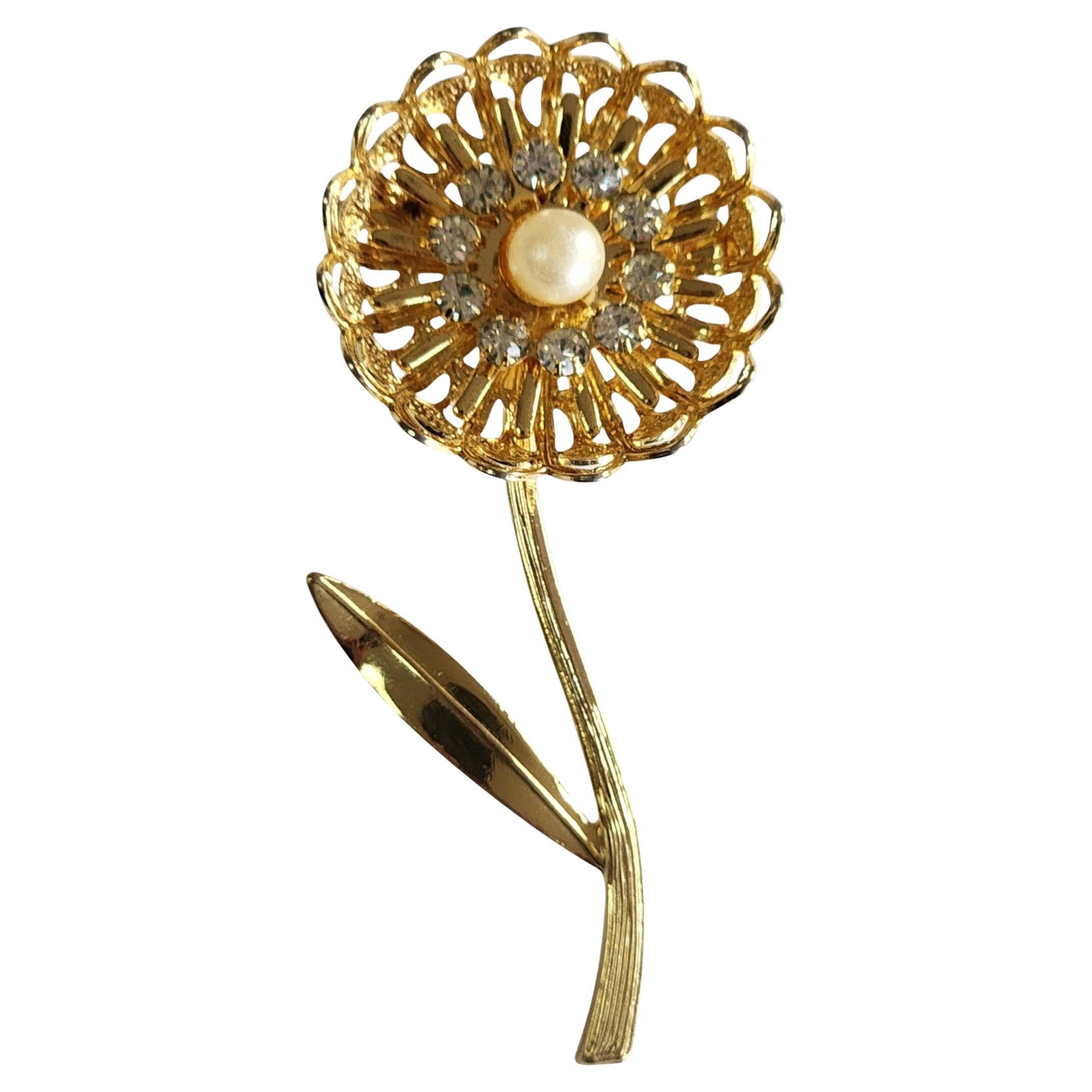 1960s Gold Tone Flower Brooch with Faux Pearl and Rhinestone Center