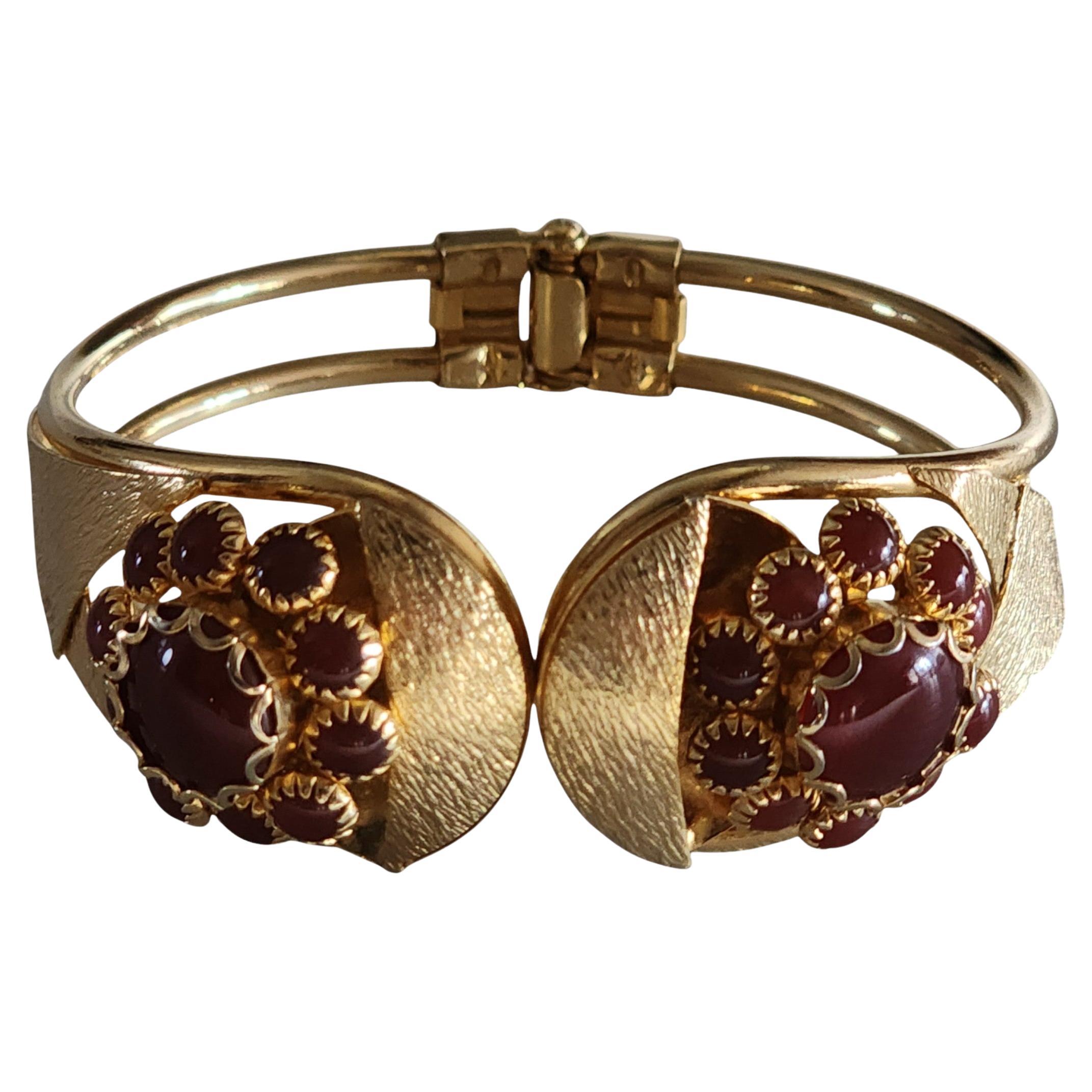 1960s Gold-Tone Hinged Cuff Bracelet with Red Glass Cabochons