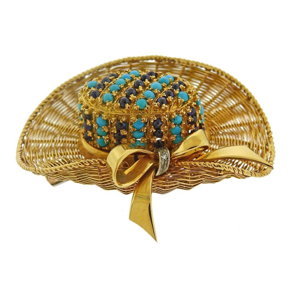 1960s Gold Turquoise Diamond Sapphire Sun Hat Brooch In Excellent Condition In New York, NY