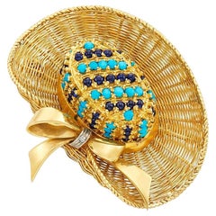 1960s Gold Turquoise Diamond Sapphire Sun Hat Brooch