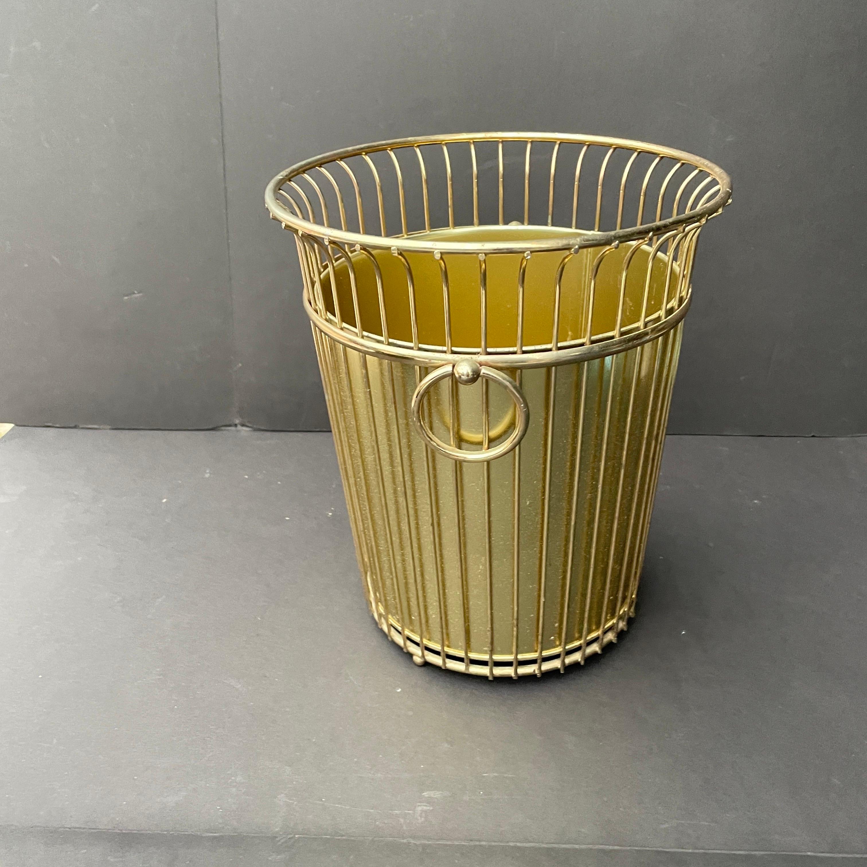 Hollywood Regency 1960s Gold Wire Handled Wastebasket