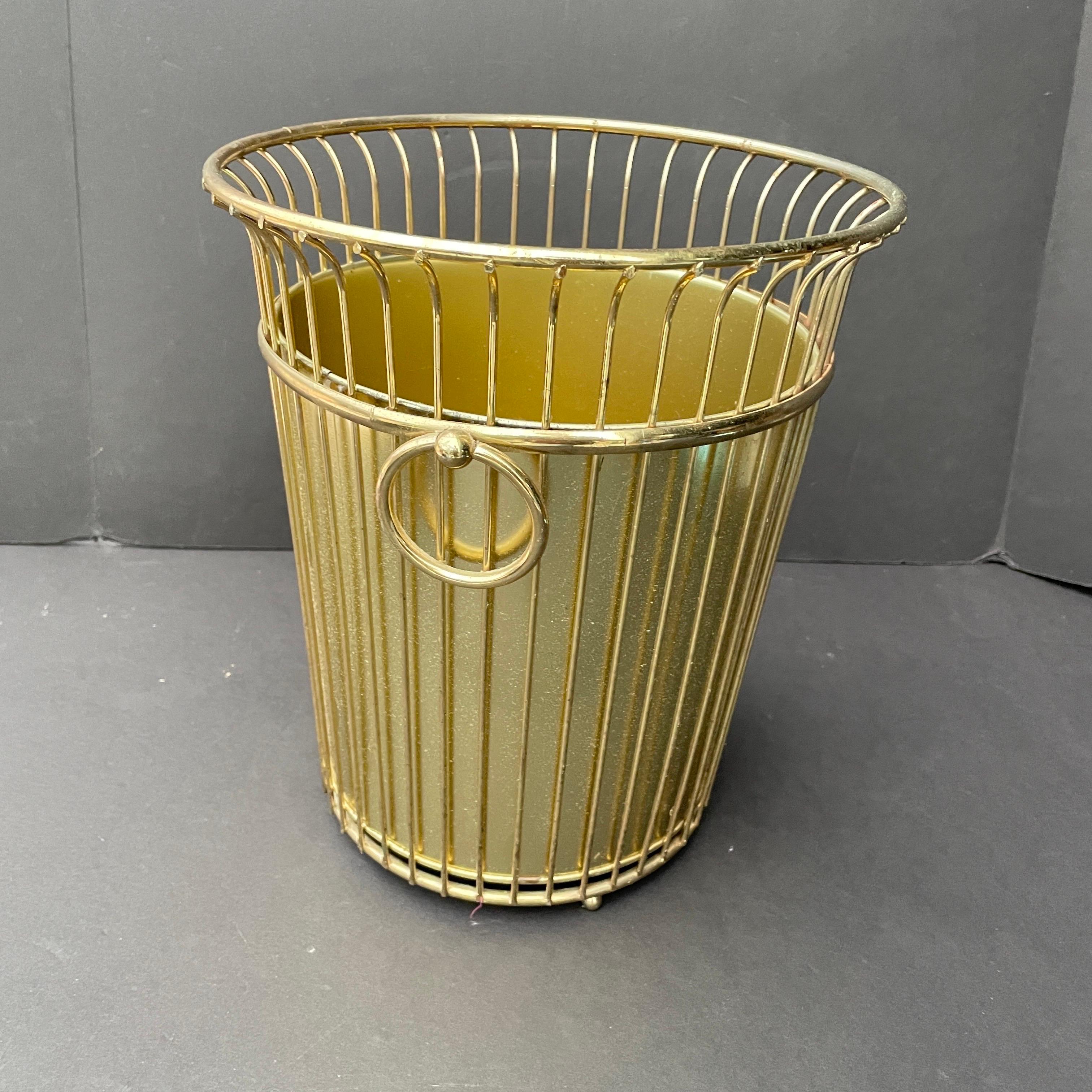 American 1960s Gold Wire Handled Wastebasket