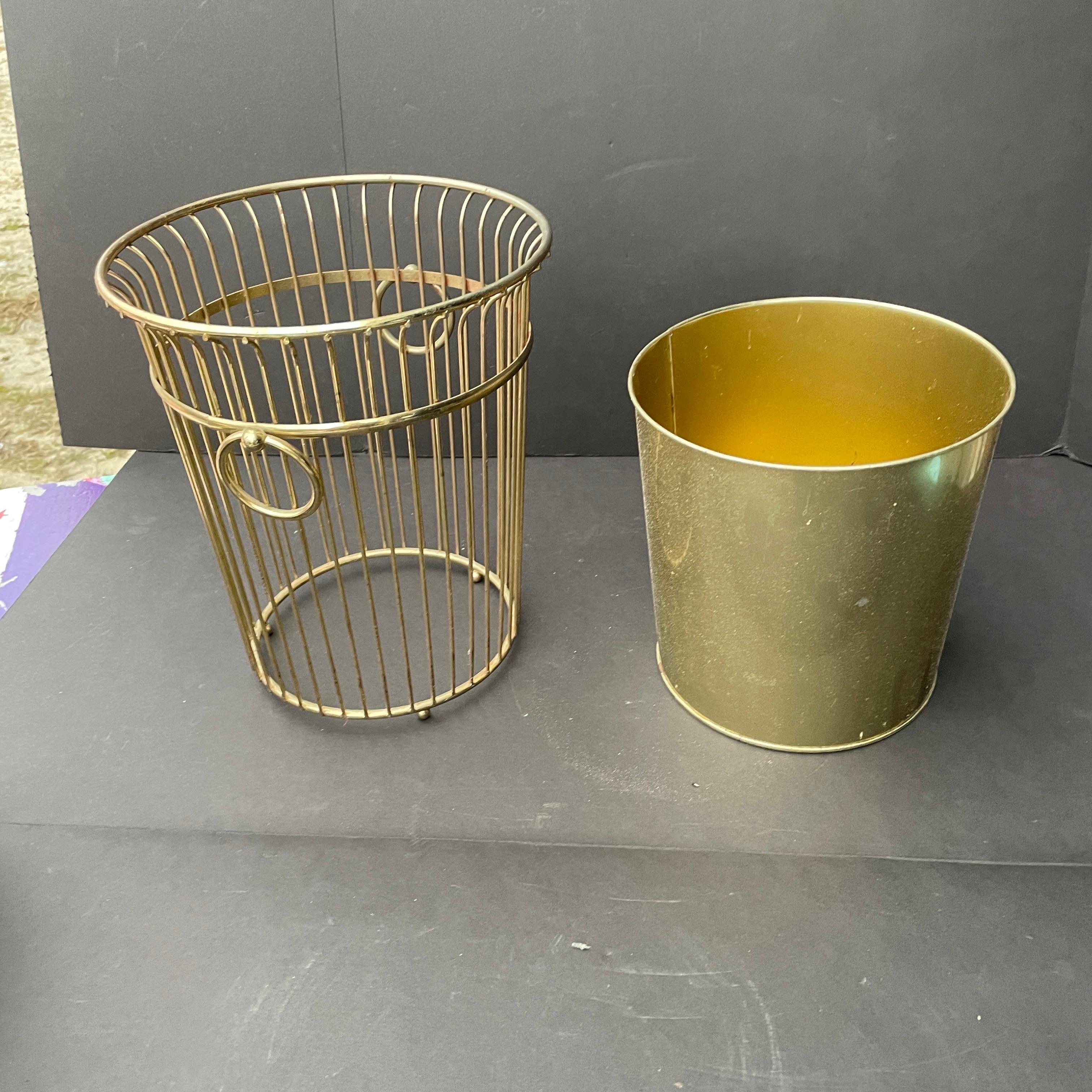 Mid-20th Century 1960s Gold Wire Handled Wastebasket