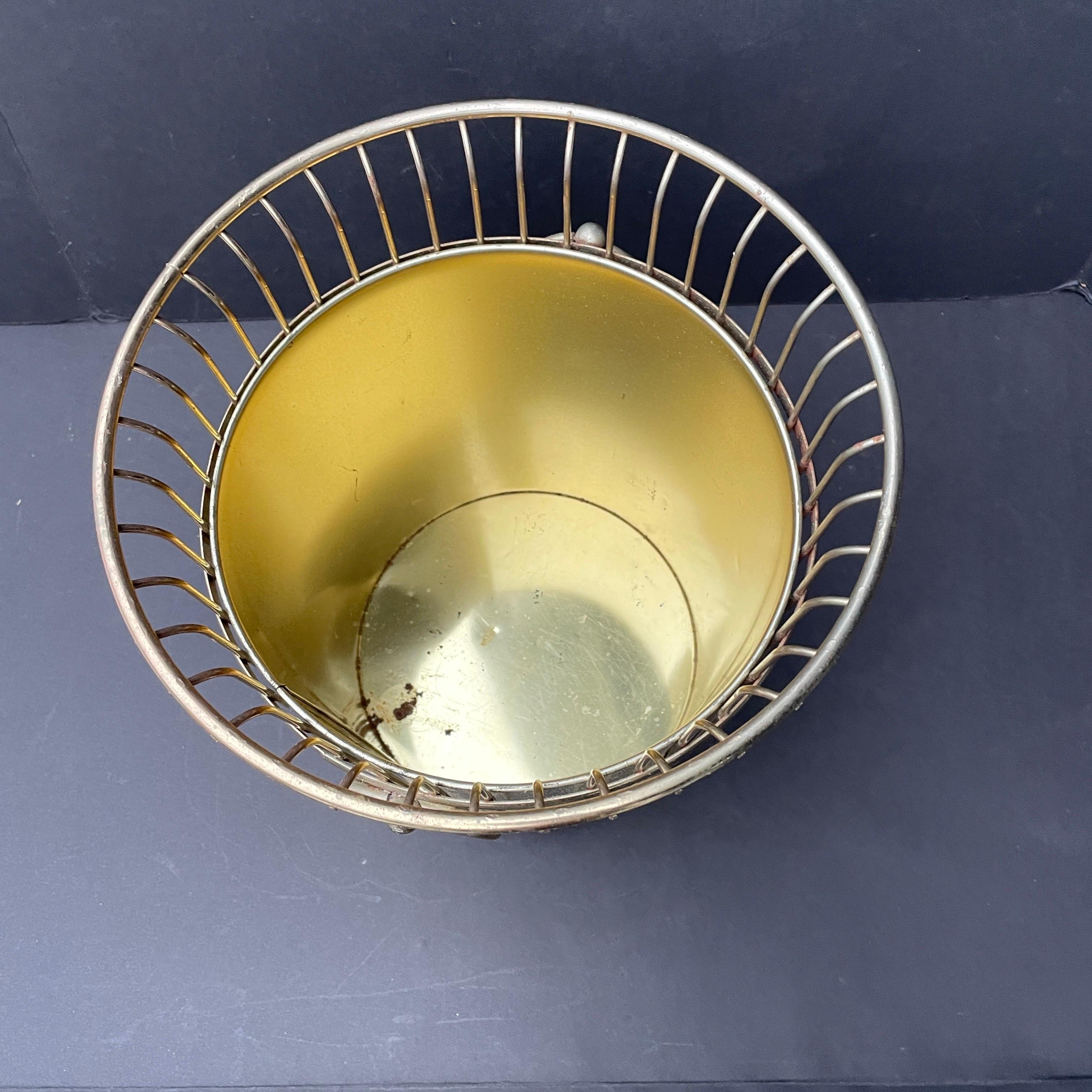 Metal 1960s Gold Wire Handled Wastebasket