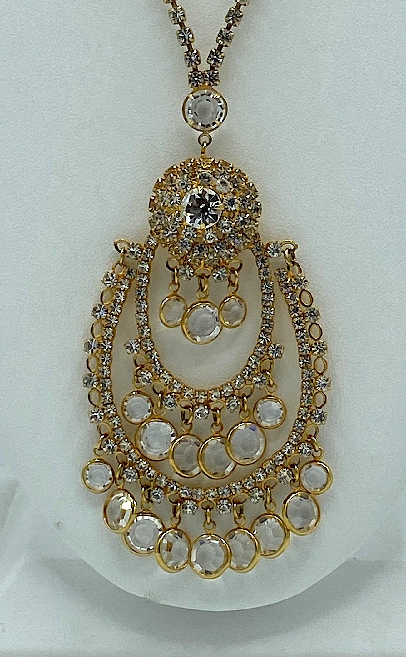 Briolette Cut 1960s Gold with Rhinstones & Crystals Pendent Necklace and Earring Set
