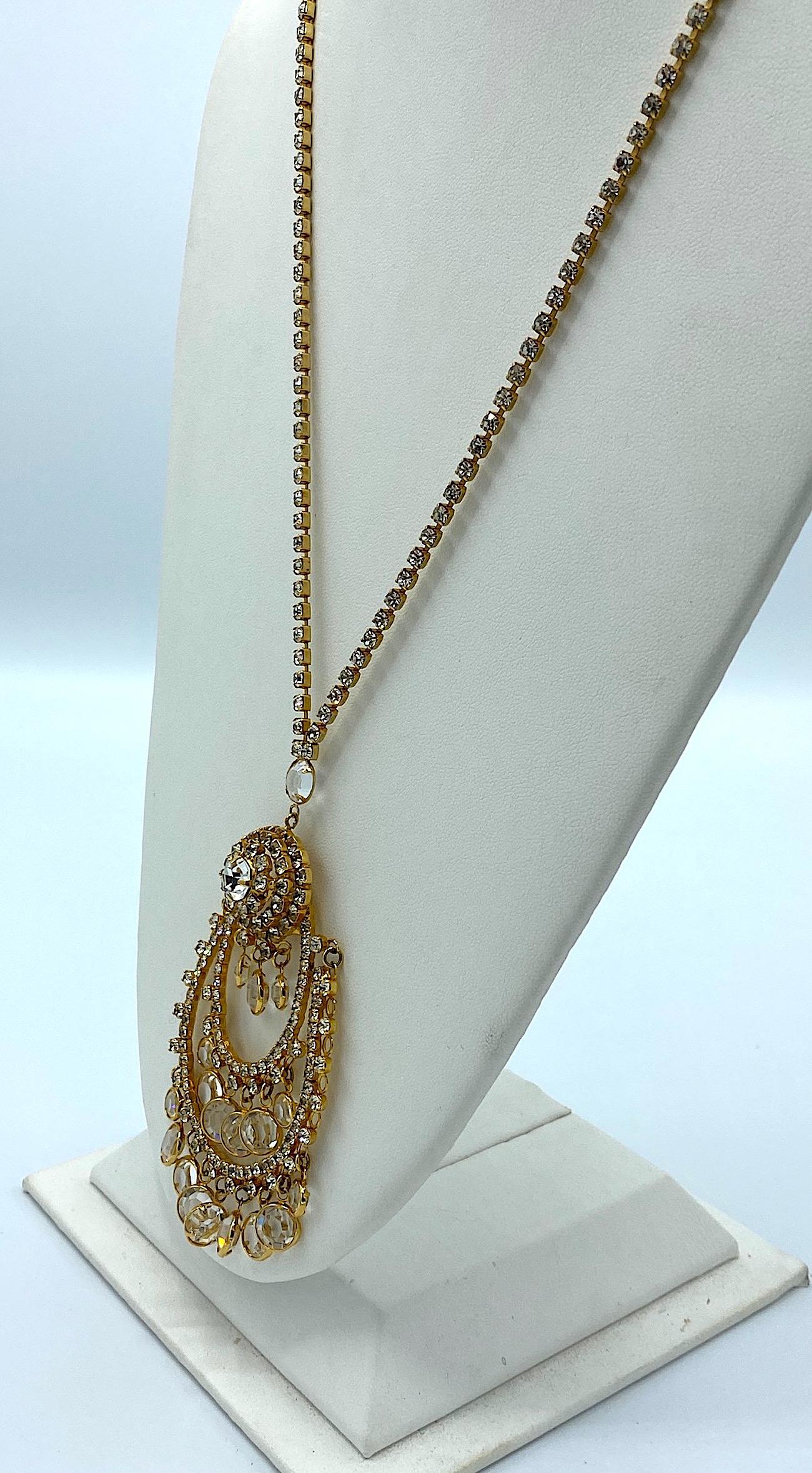 1960s Gold with Rhinstones & Crystals Pendent Necklace and Earring Set 4