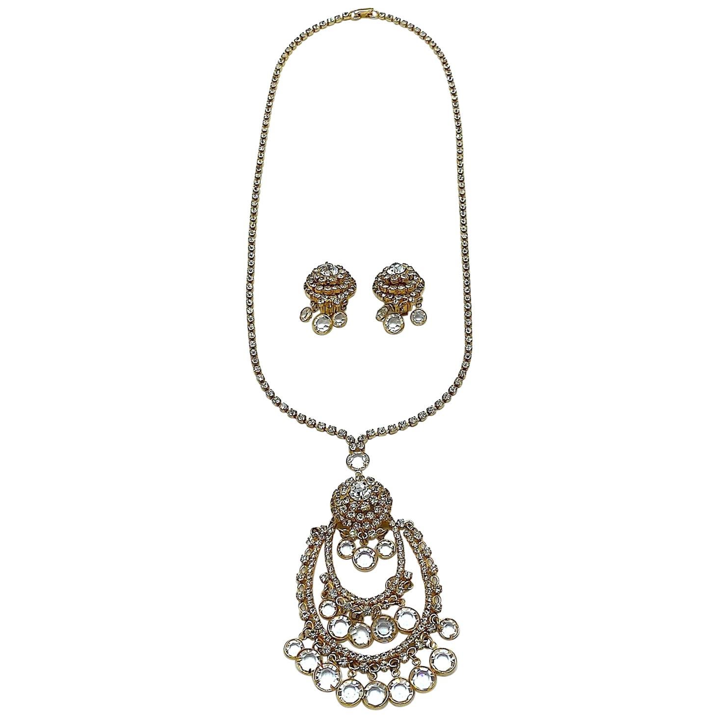 1960s Gold with Rhinstones & Crystals Pendent Necklace and Earring Set
