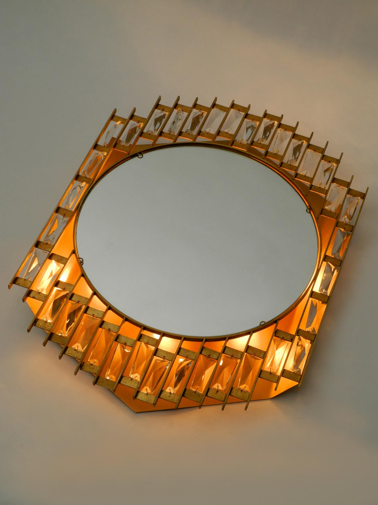 Mid-20th Century 1960s Golden Brutalist Design Wall Backlit Mirror by Hillebrand Made of Metal