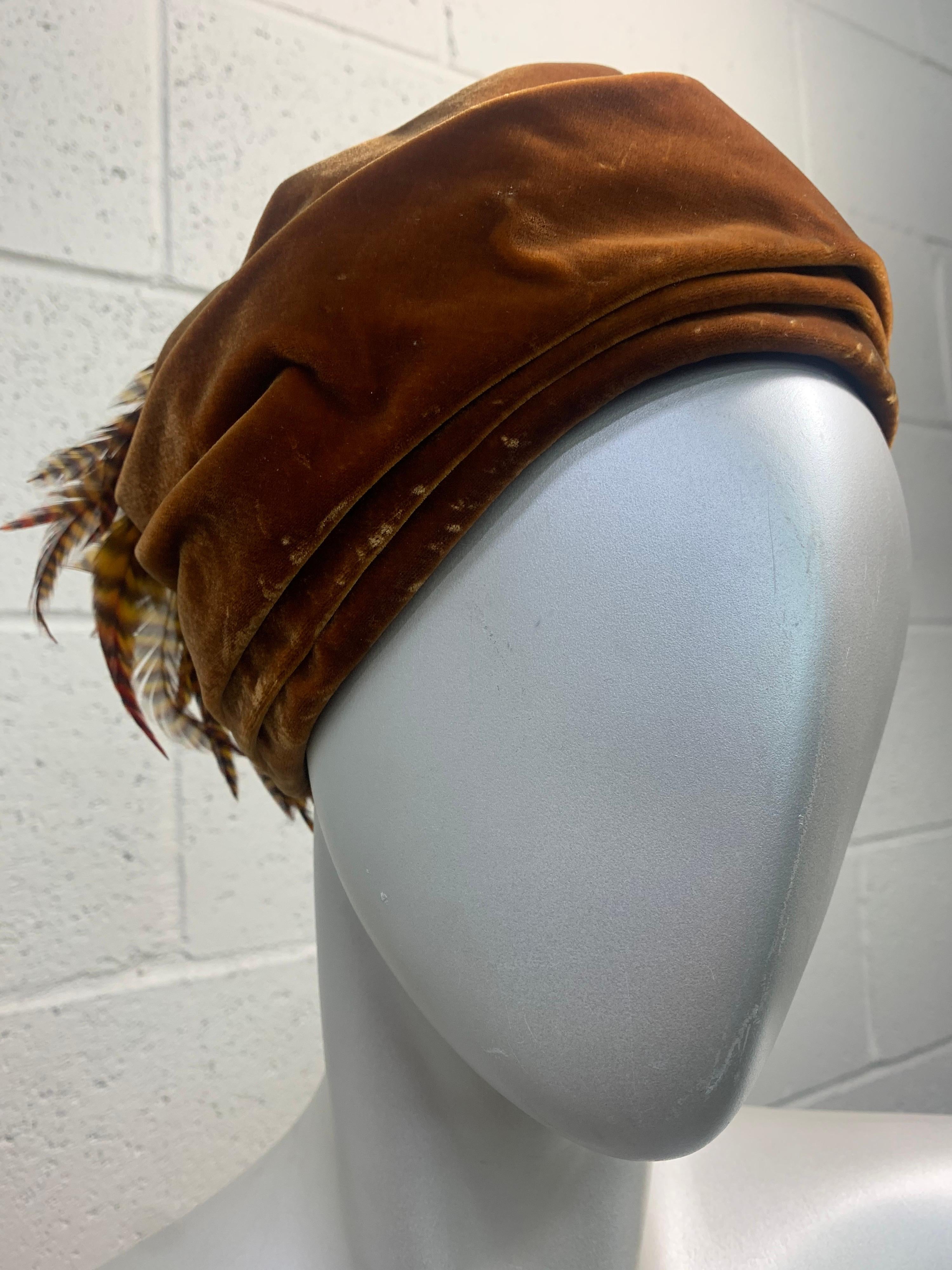 Brown 1960s Golden Caramel Velvet Turban Hat w/ Stunning Pheasant Feather Cascade