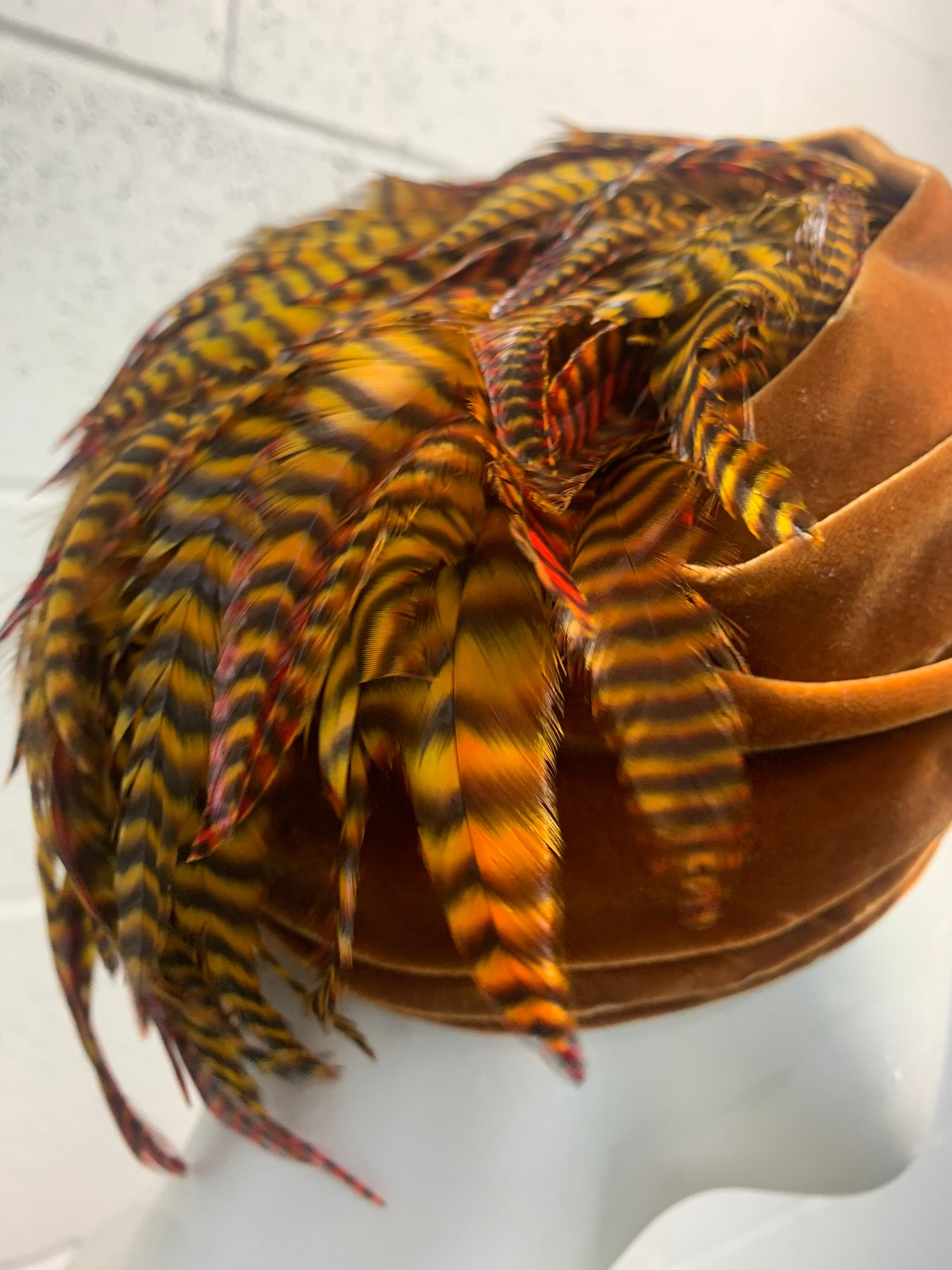 1960s Golden Caramel Velvet Turban Hat w/ Stunning Pheasant Feather Cascade In Excellent Condition In Gresham, OR