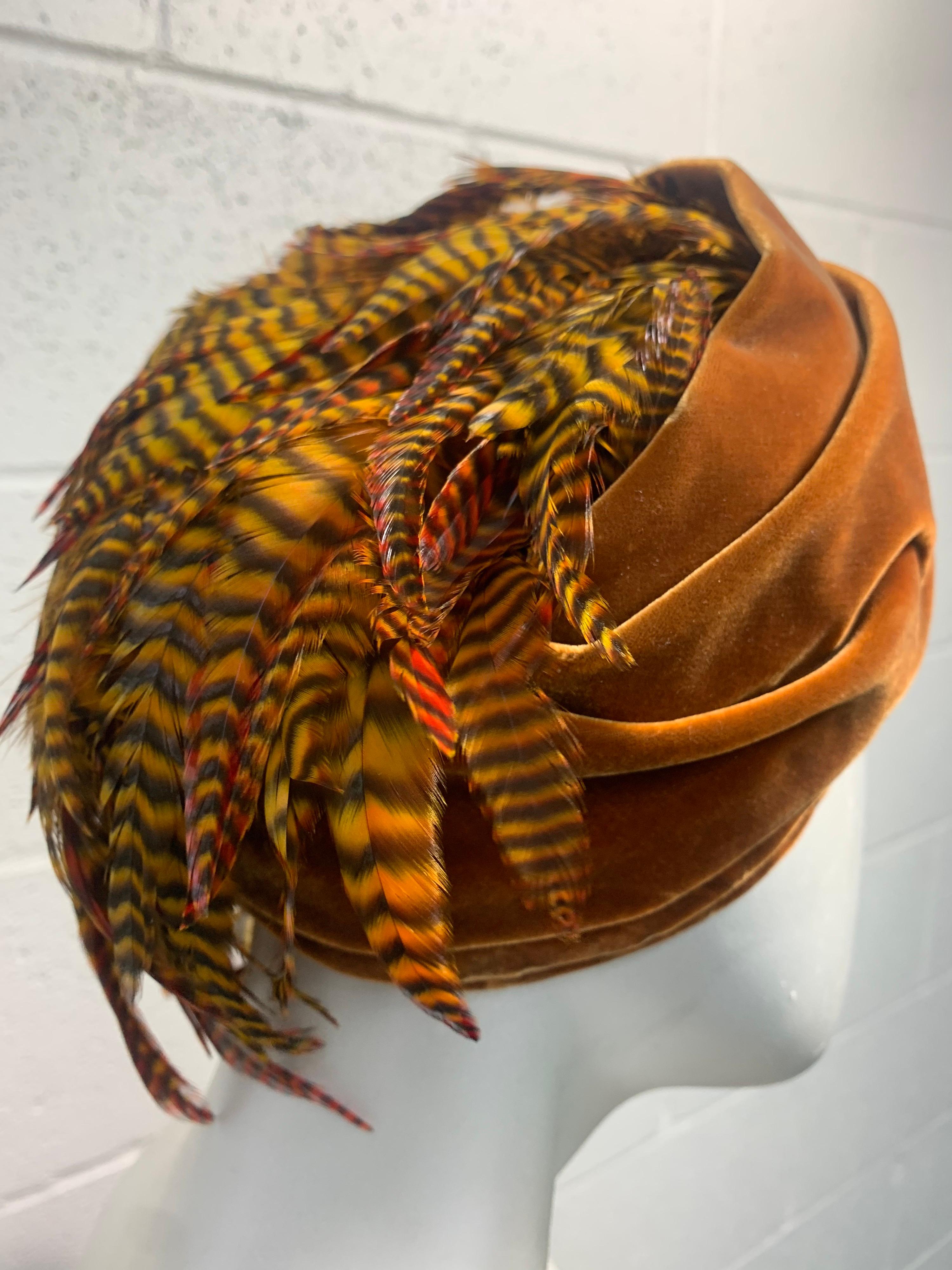 Women's 1960s Golden Caramel Velvet Turban Hat w/ Stunning Pheasant Feather Cascade