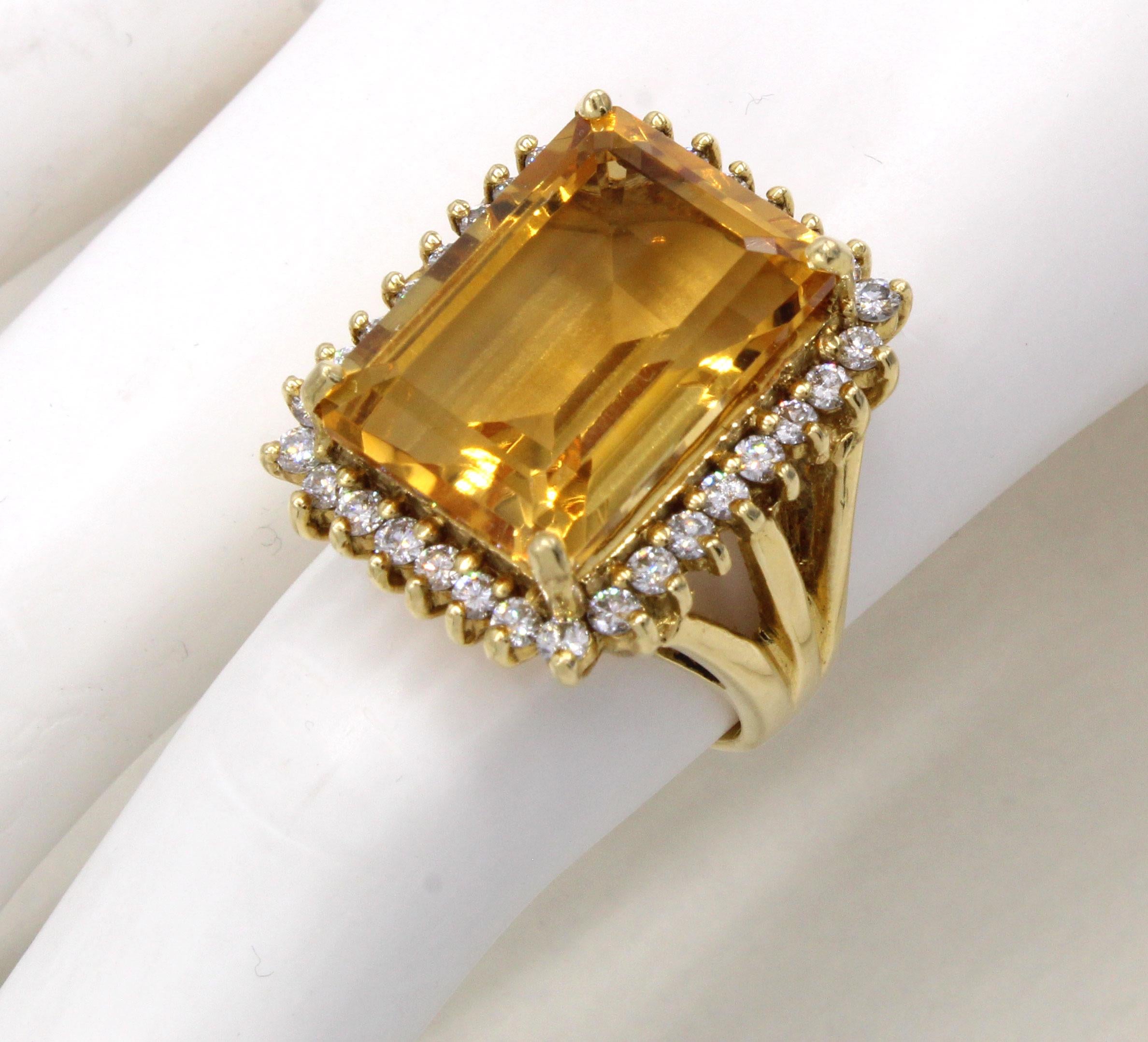 Emerald Cut 1960s Golden Citrine Diamond 18 Karat Gold Ring For Sale