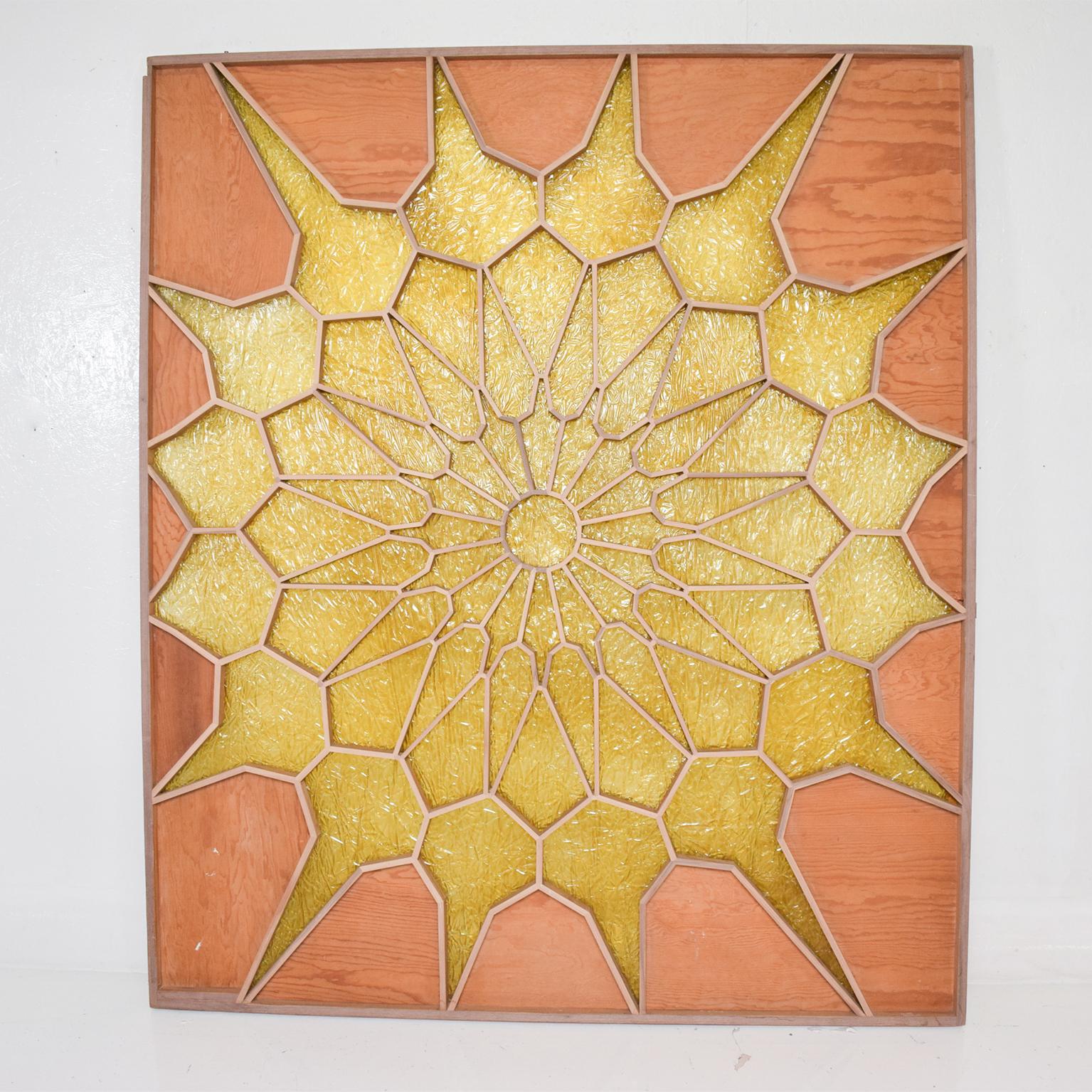 Flower sunburst door panel room divider screen midcentury Mexican Modernism 1960s
Custom design in plywood & walnut veneer. Original Plexiglass in Yellow Gold with Brutalist texture.
Unknown maker. 
Dimensions: 71 Width x 83.13 tall x 2.75 Depth