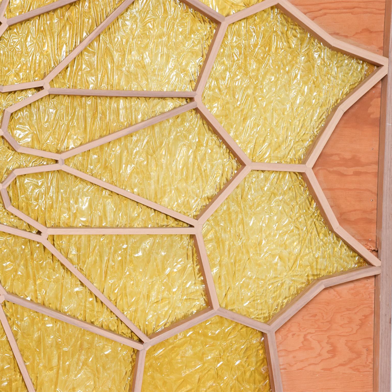 1960s Golden Flower Sunburst Room Divider Screen Wood Door Panel Modern Mexico In Good Condition For Sale In Chula Vista, CA