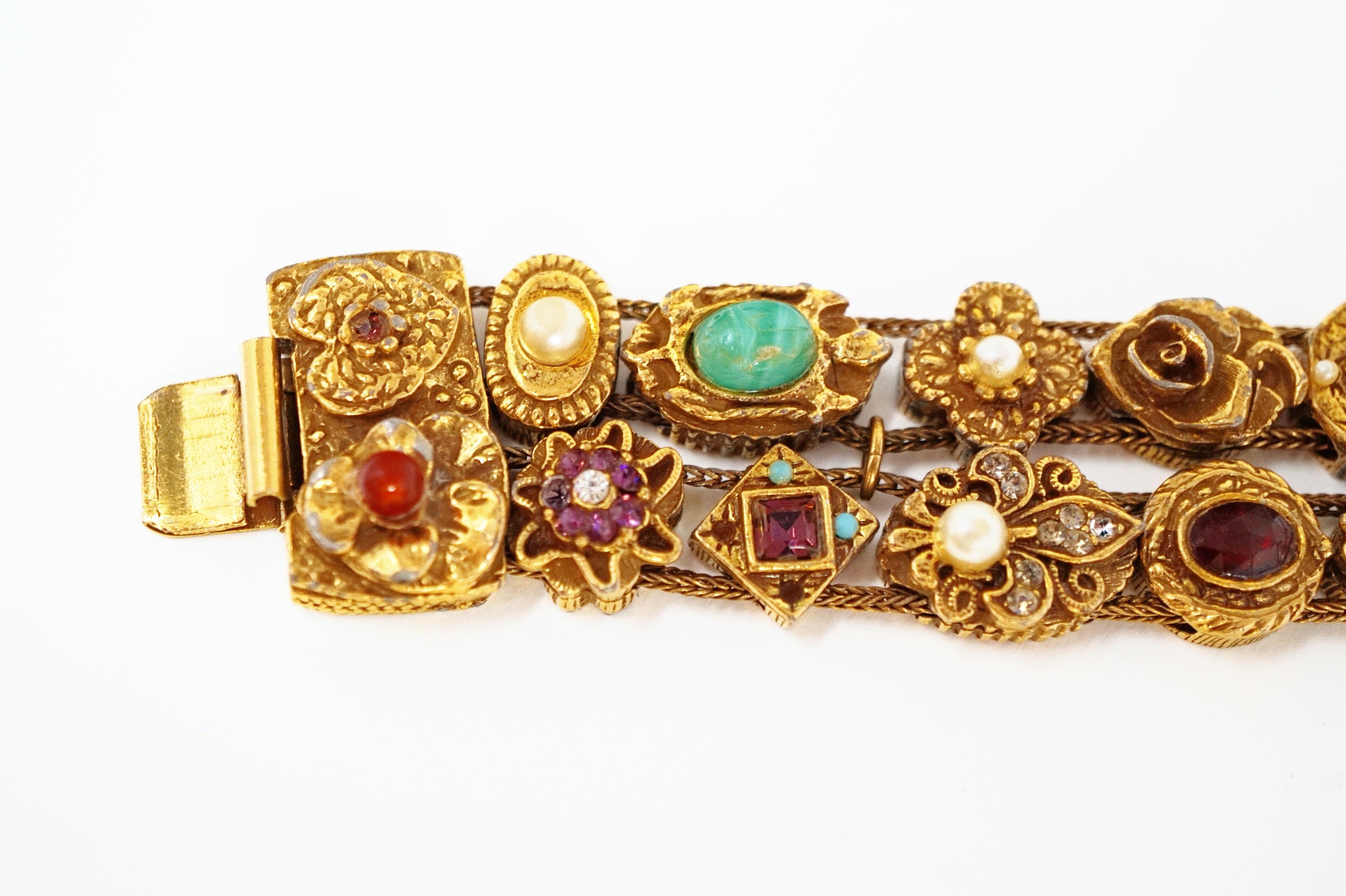 1960s Goldette Victorian Revival Double Row Slider Charm Bracelet, Signed In Good Condition In McKinney, TX