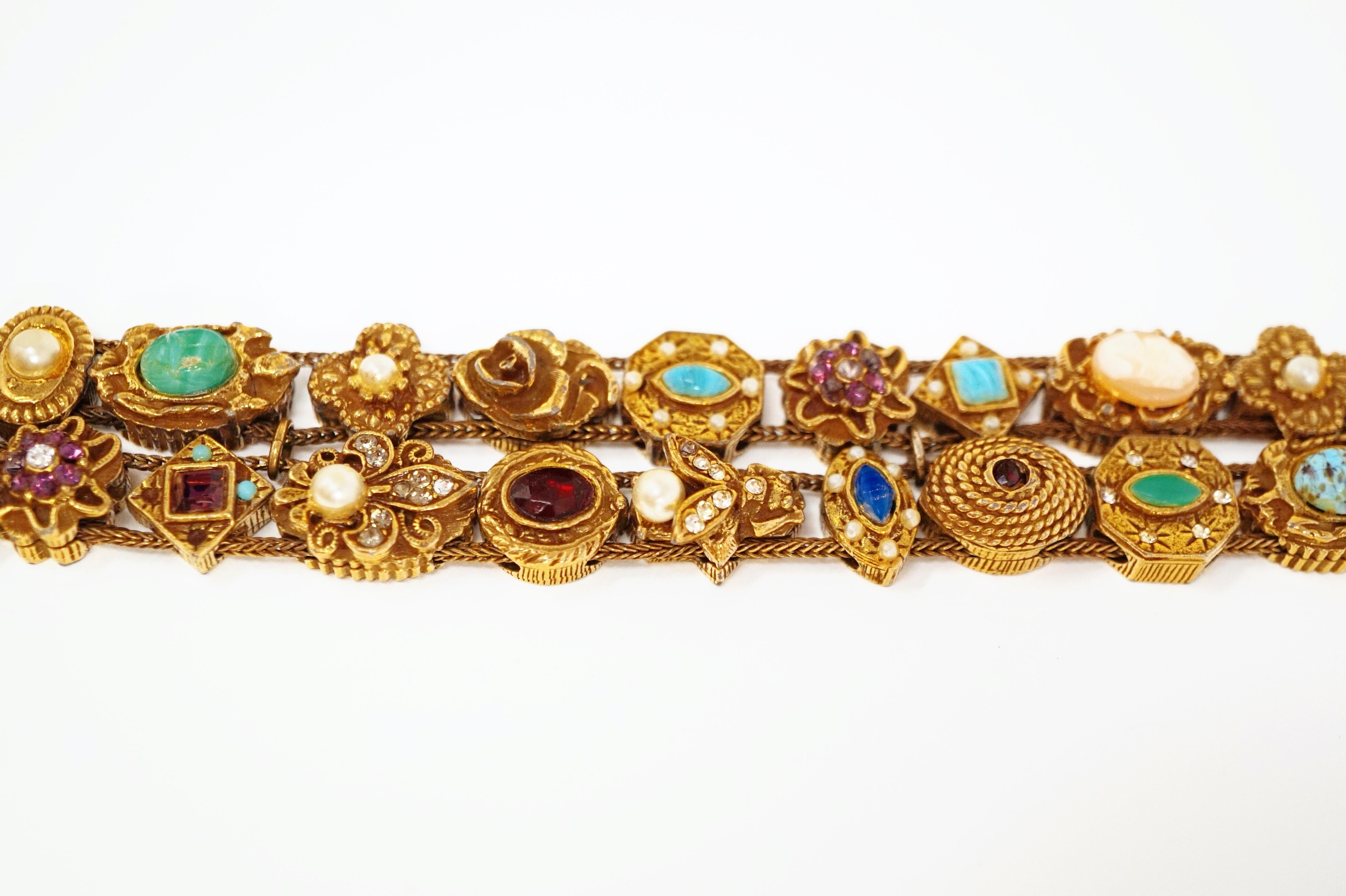 Women's 1960s Goldette Victorian Revival Double Row Slider Charm Bracelet, Signed