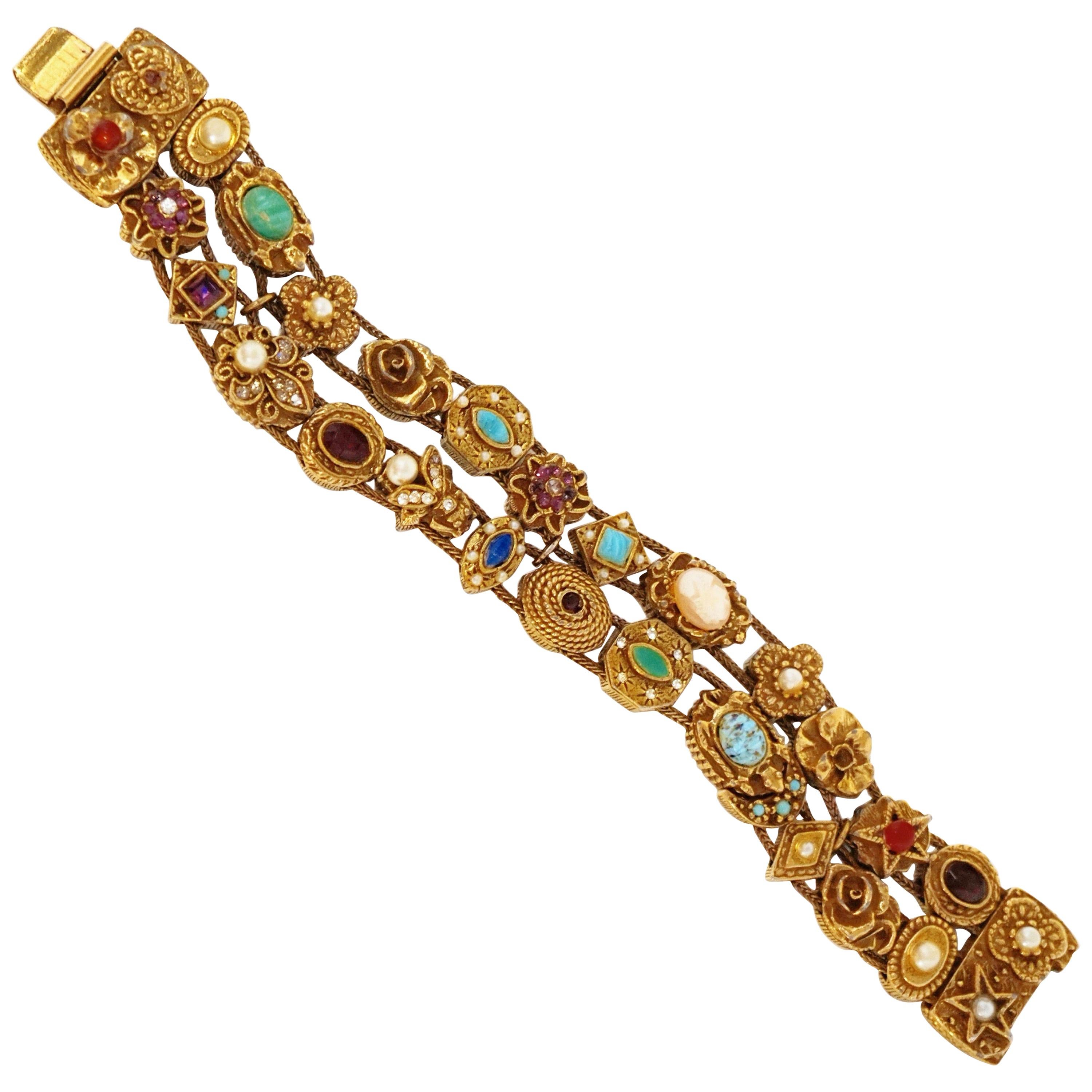1960s Goldette Victorian Revival Double Row Slider Charm Bracelet, Signed