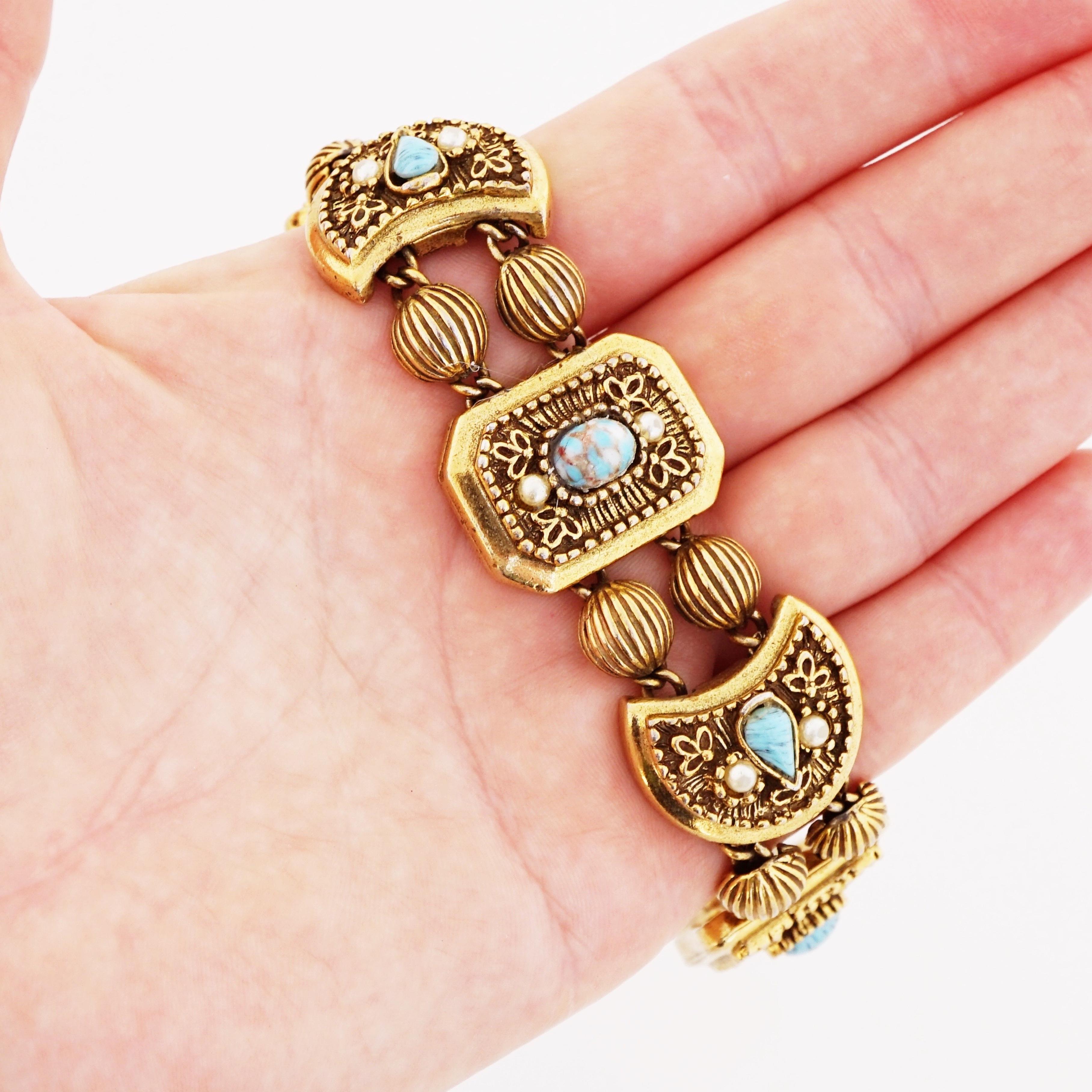 Women's 1960s Goldette Victorian Revival Ornate Link Bracelet With Turquoise Cabochons For Sale