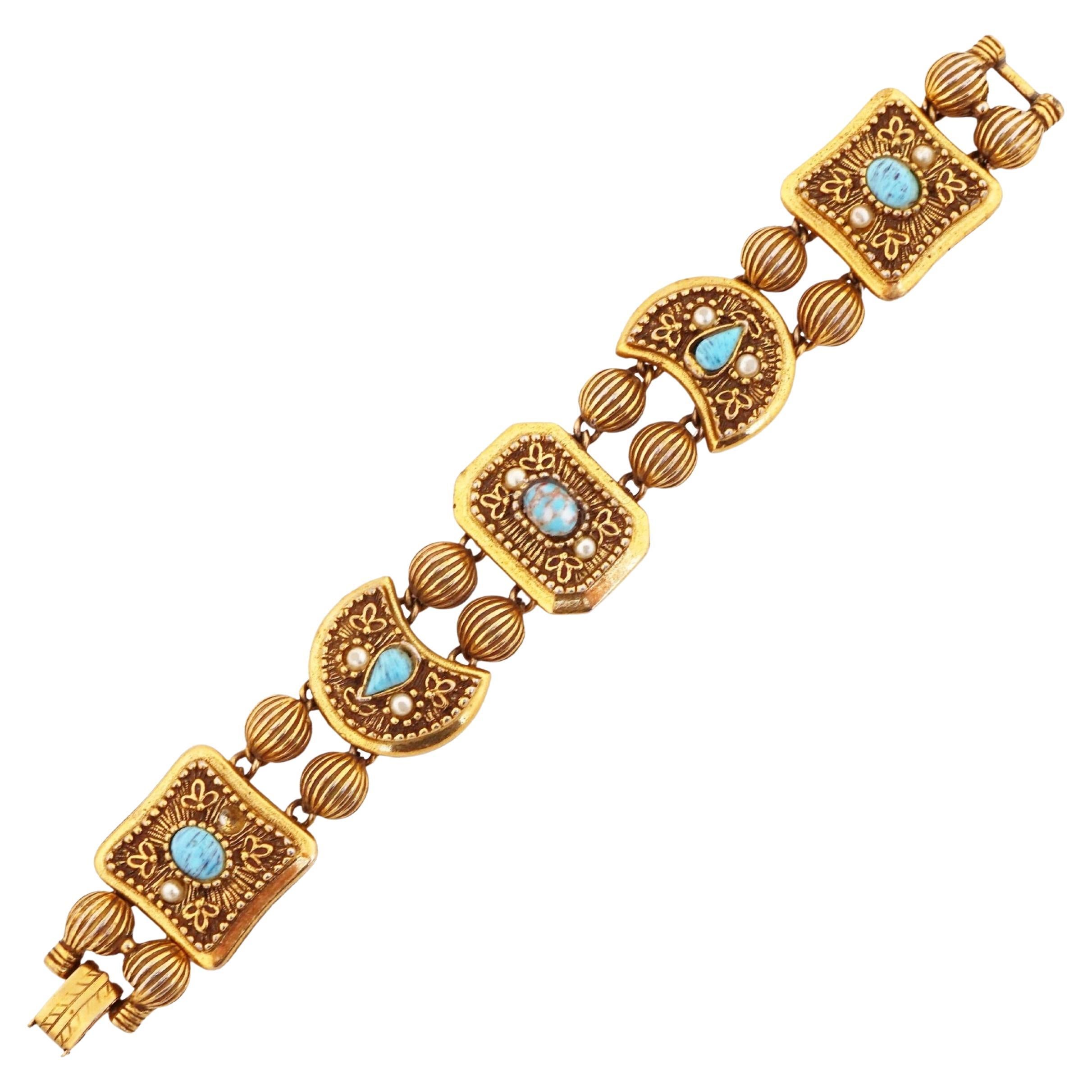 1960s Goldette Victorian Revival Ornate Link Bracelet With Turquoise Cabochons For Sale