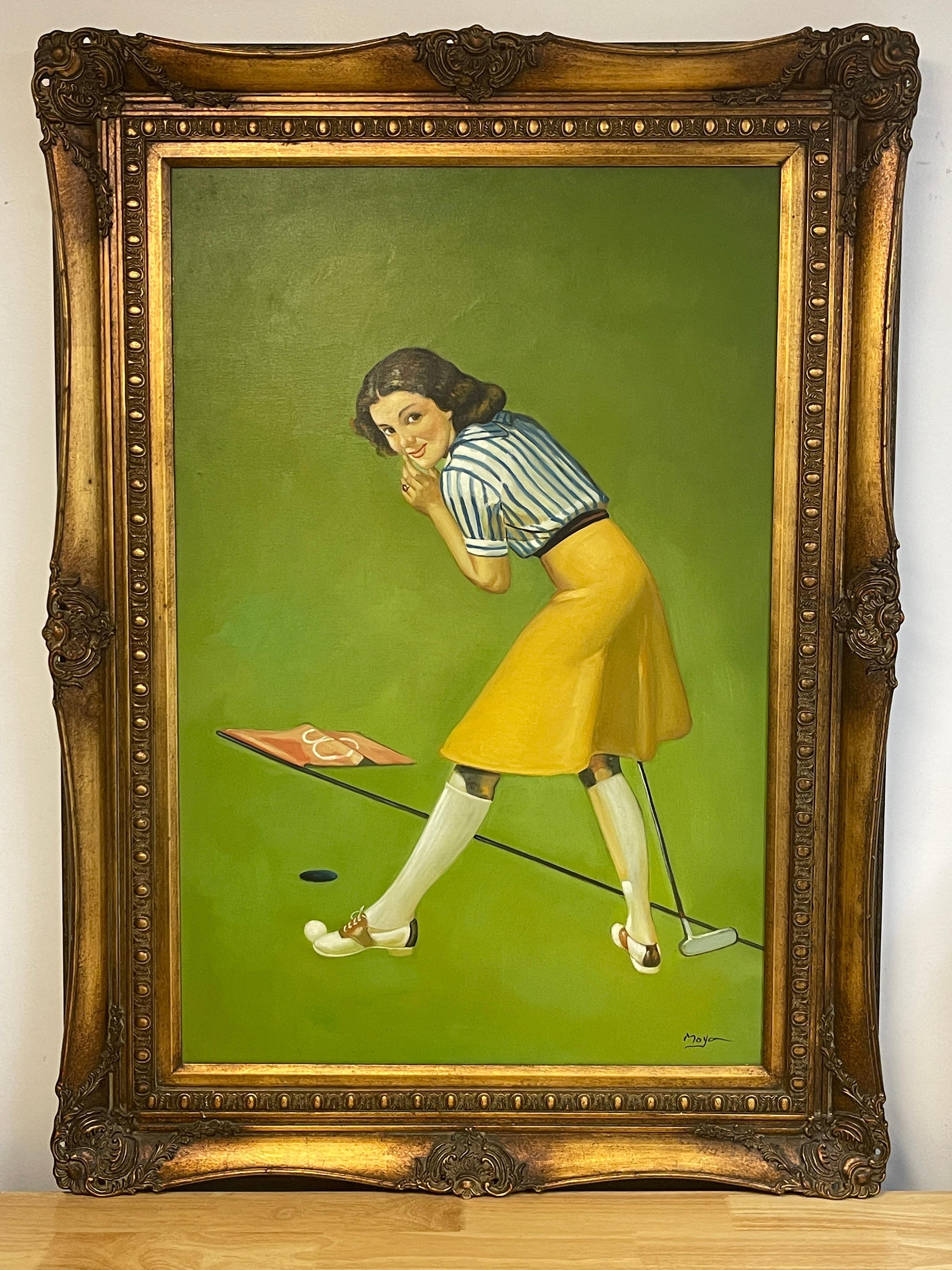 1960s Golf Pinup '8th Hole' by Roberto Moya, Whimsical oil on canvas, of a brunette golfer with an inclination of winning the 8th hole. signed lower right 'Moya' , within a carved giltwood frame
Oil on canvas 24