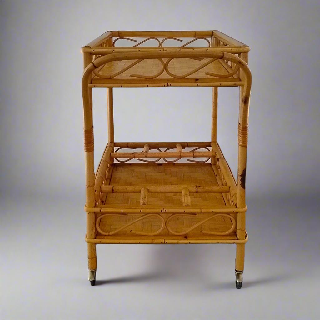 Bamboo 1960s Gorgeous and elegant serving bar cart in bamboo & rattan by Franco Albini. For Sale