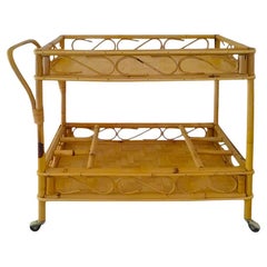 Vintage 1960s Gorgeous and elegant serving bar cart in bamboo & rattan by Franco Albini.