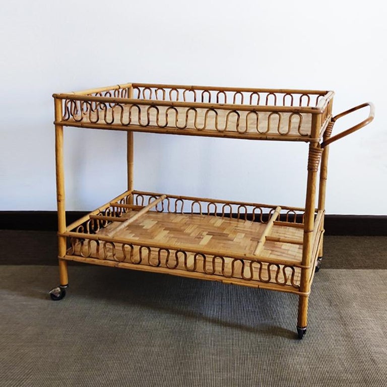 Italian 1960s Gorgeous Bamboo & Rattan Serving Bar Cart Trolley by Franco Albini For Sale