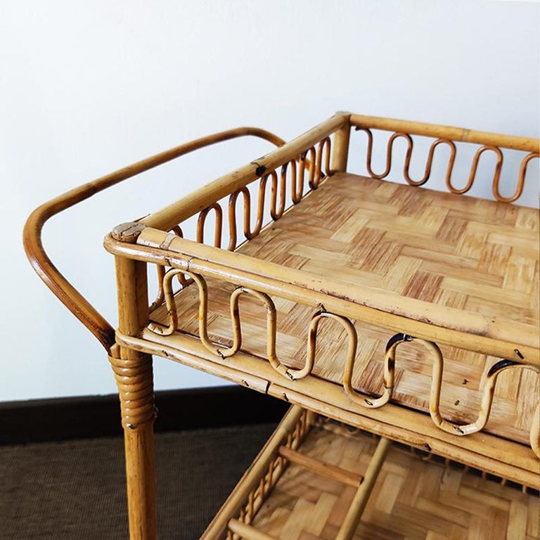 1960s Gorgeous Bamboo & Rattan Serving Bar Cart Trolley by Franco Albini For Sale 1