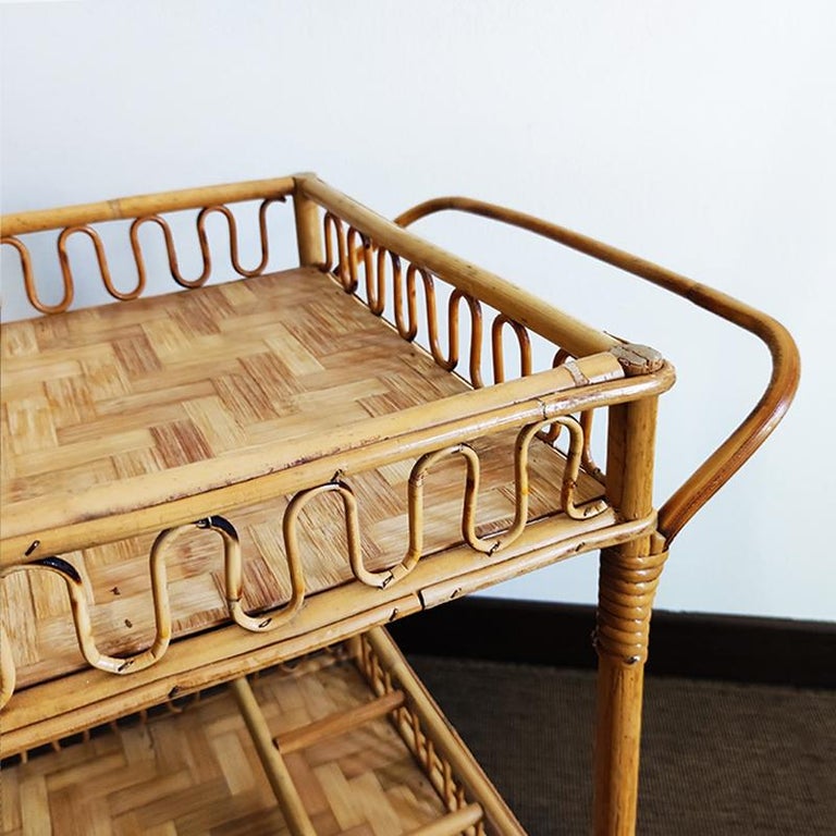 1960s Gorgeous Bamboo & Rattan Serving Bar Cart Trolley by Franco Albini For Sale 2