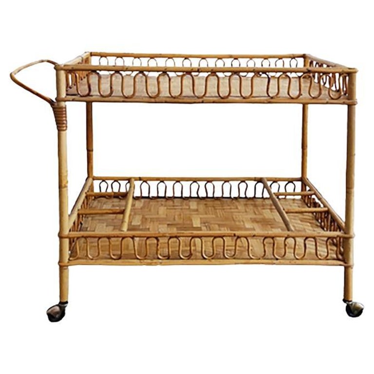 1960s Gorgeous Bamboo & Rattan Serving Bar Cart Trolley by Franco Albini For Sale