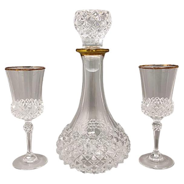 1960s Gorgeous Crystal Decanter with 2 Crystal Glasses. Made in Italy For Sale